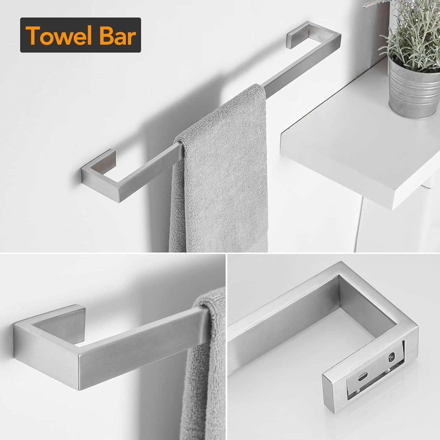 4-Piece Bathroom Hardware Set, Towel Rack Towel Bar Towel Holder Toilet Paper Holder Towel Hooks Modern Square Premium Stainless Steel Brushed Nickel Wall Mounted Bathroom Accessories Set