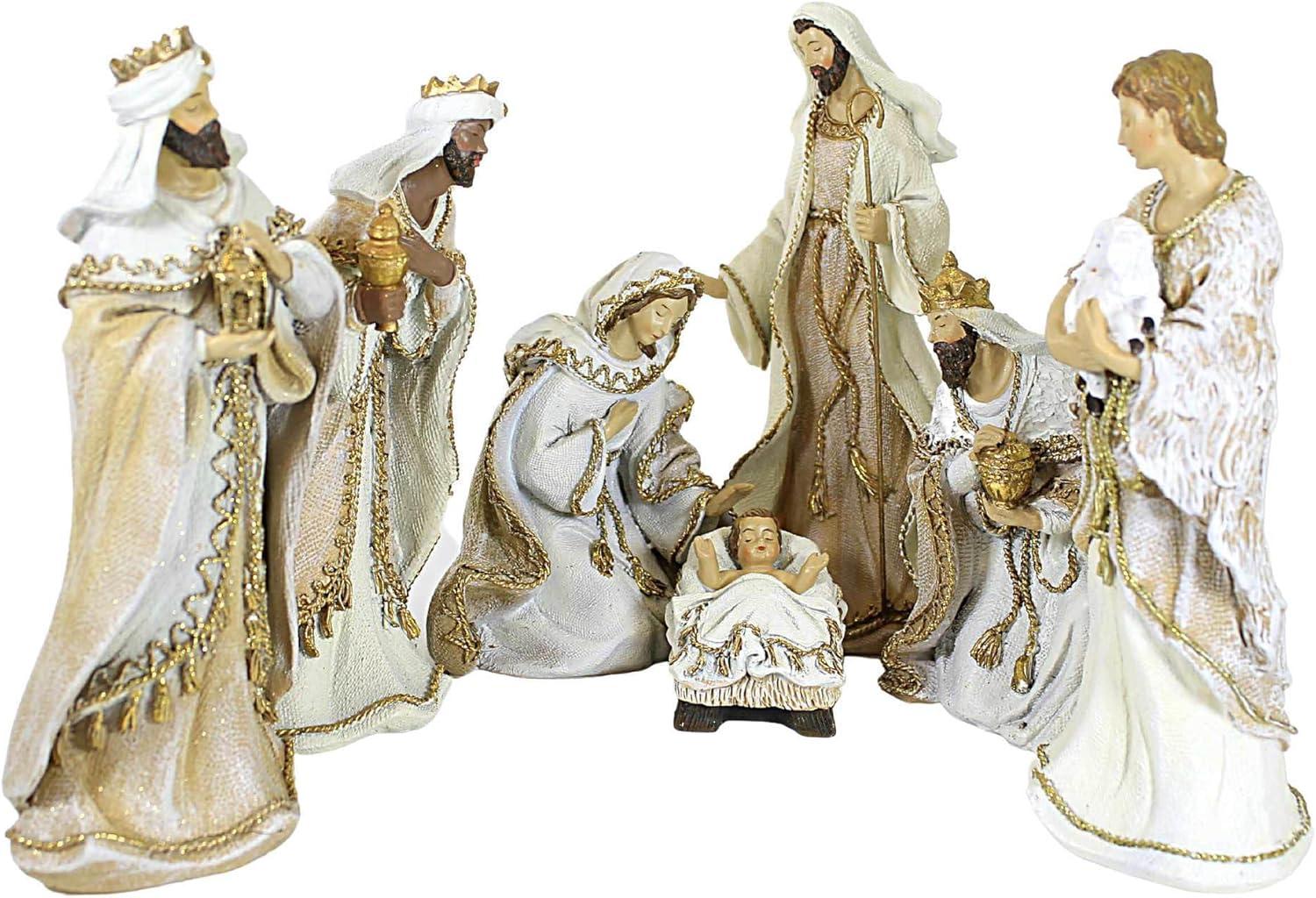 Roman 8.0 Inch Nativity Woven Gold Trim Fabric Look Nativity Scene Figurine Sets