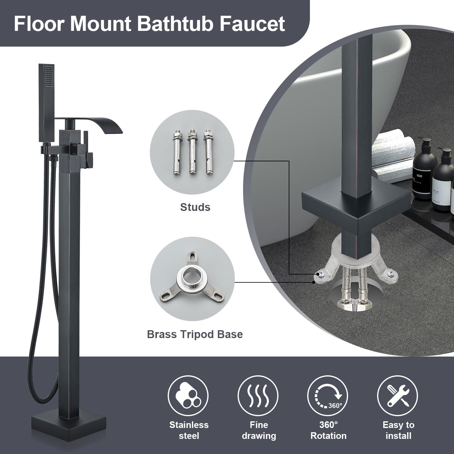 Senlesen Barthroom Tub Filler Faucet Floor Mounted Bathtub Shower Faucet Waterfall Spout Free Standing Tub Mixer Tap with Handheld Sprayer