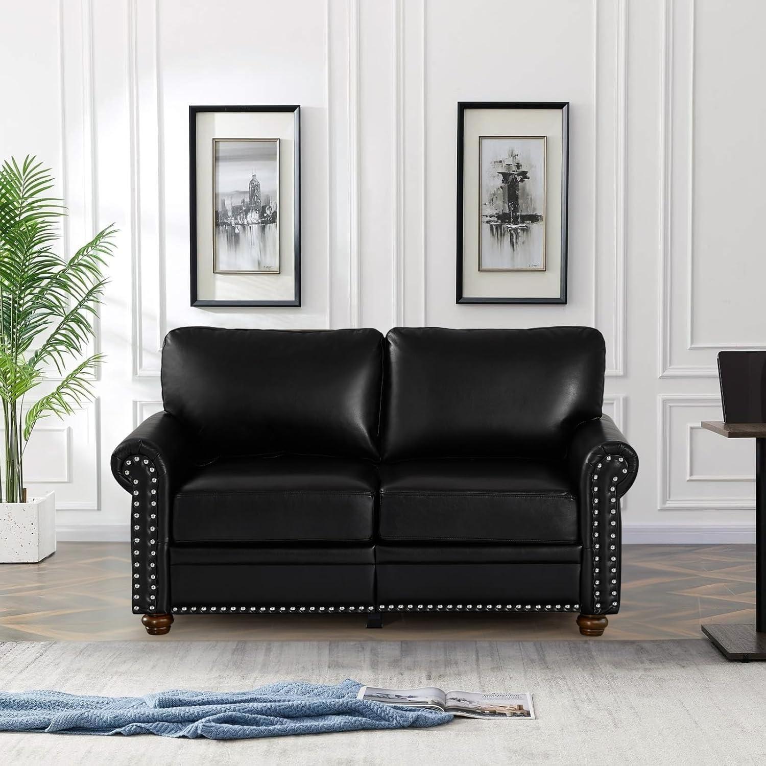 2 Piece Faux Leather Sofa Set,Modern Couch and Loveseat Sets with Storage,Mid Century Couch with Rivet Rolled Arm,Comfy Deep Seat Sofa,Furniture for Living Room,Office(Loveseat+3 Seater,Black)