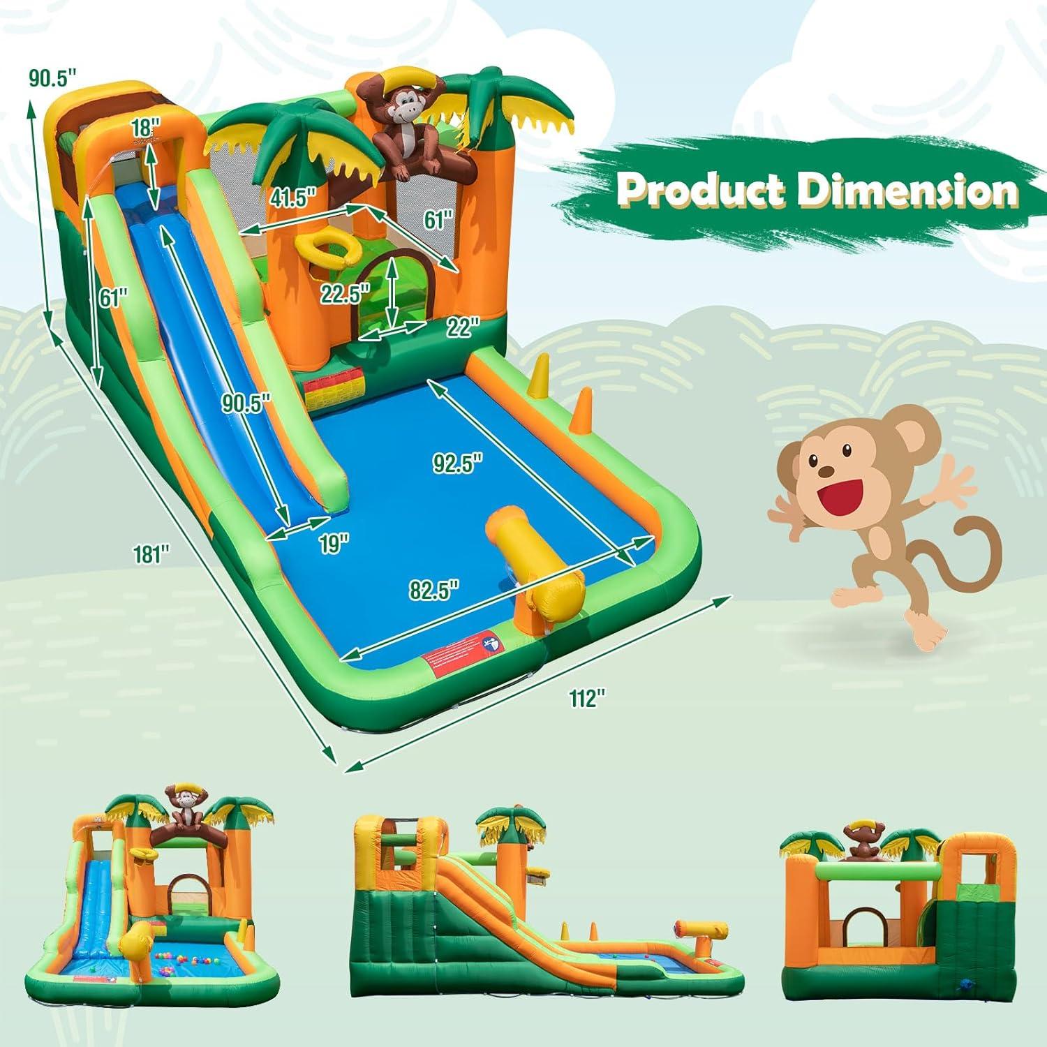Costway Inflatable Water Slide Park Monkey Bounce House Splash Pool with 735W Blower