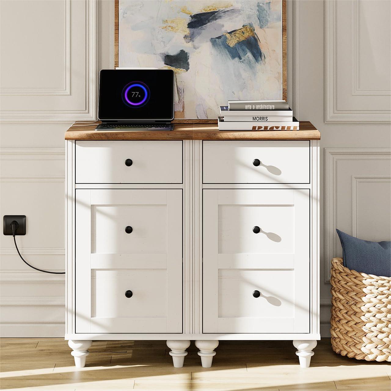 Farmhouse White and Oak Nightstand with Drawer and Charging Station