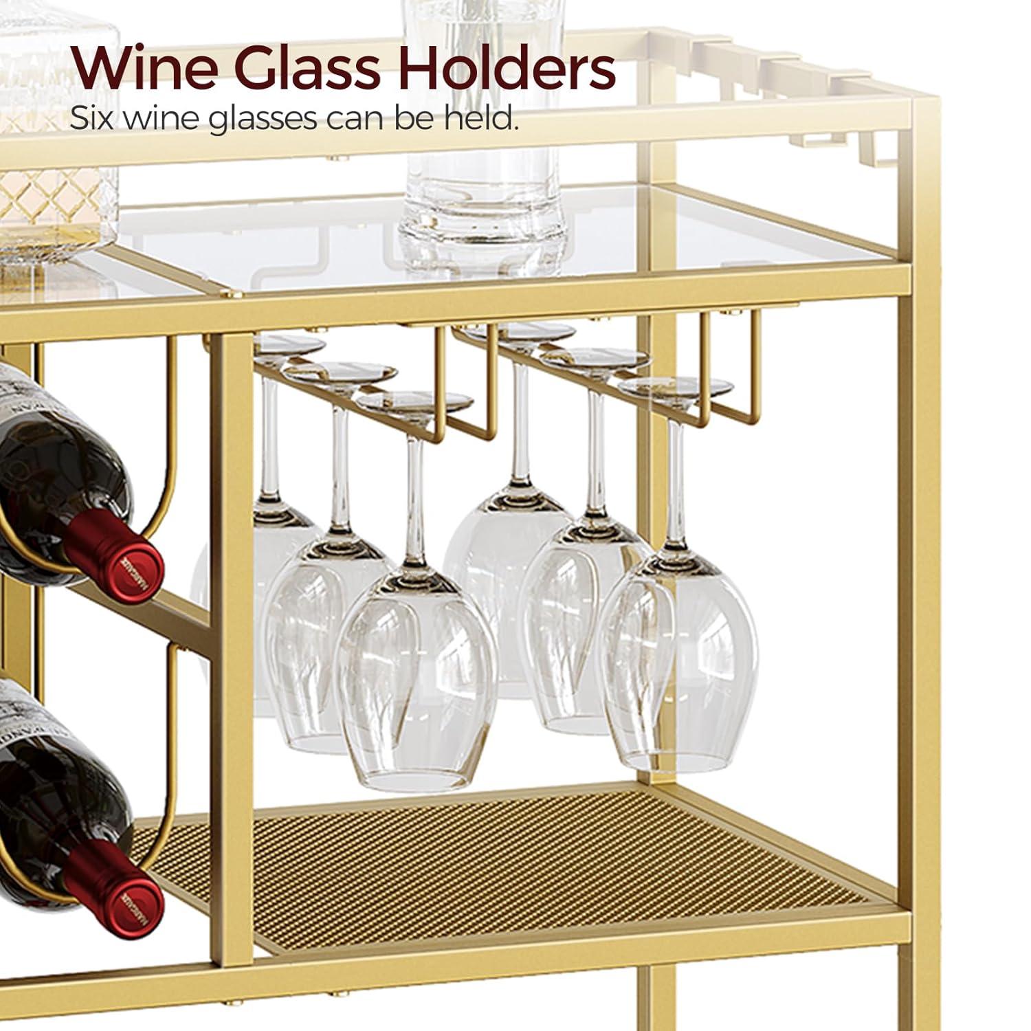 Bar Cart for Home, 3-Tier Serving Cart with Wheels and Handle, Beverage Cart with Wine Rack and Glass Holders, Rolling Wine Cart for Kitchen, Dining Room, Gold RCJ61B01
