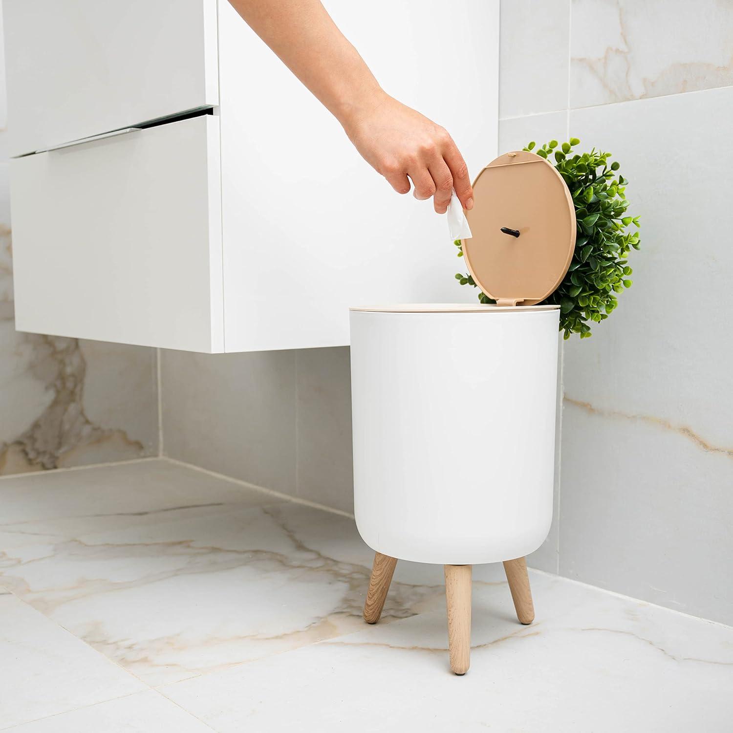Small Bathroom Trash Can with Lid, Small Bathroom Garbage Can with Plant Style Lid, 1.8 Gallon, White, Perfect for Bedroom, Office, and Bathrooms, Trash Bin That Looks Like a Plant