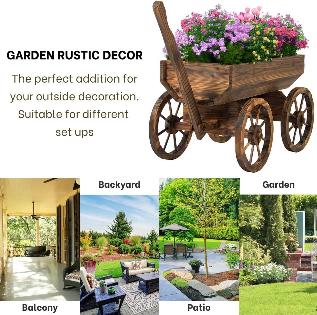 Rustic Cedar Wood Wagon Planter with Wheels for Outdoor Use