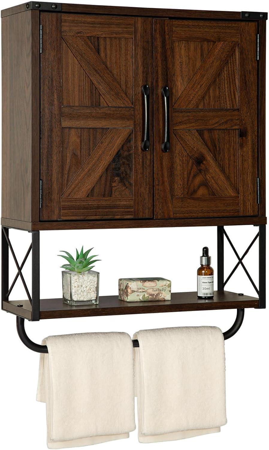 Farmhouse Rustic Medicine Cabinet With Two Barn Door,Wood Wall Mounted Storage Cabinet With Adjustable Shelf And Towel Bar, 3-Tier Cabinet For Bathroom, Living Room