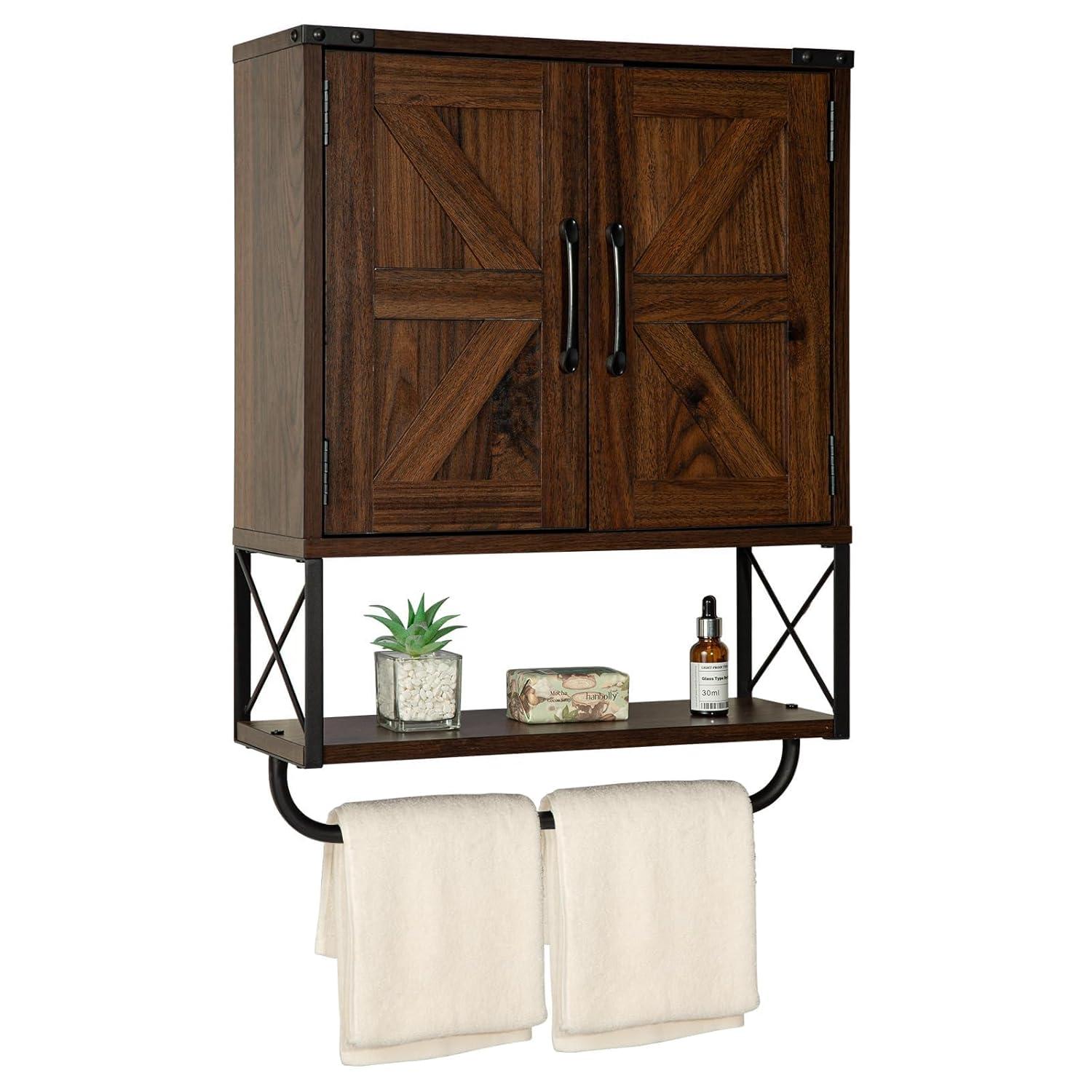 Farmhouse Rustic Medicine Cabinet With Two Barn Door,Wood Wall Mounted Storage Cabinet With Adjustable Shelf And Towel Bar, 3-Tier Cabinet For Bathroom, Living Room