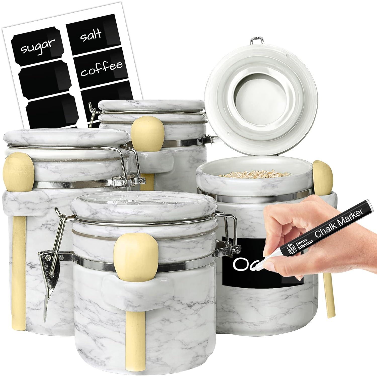 Home Intuition Home Intuition Ceramic Kitchen Canisters Set of 4 with Wooden Spoons Reusable Chalk Labels, Coffee, Tea (Light Blue)