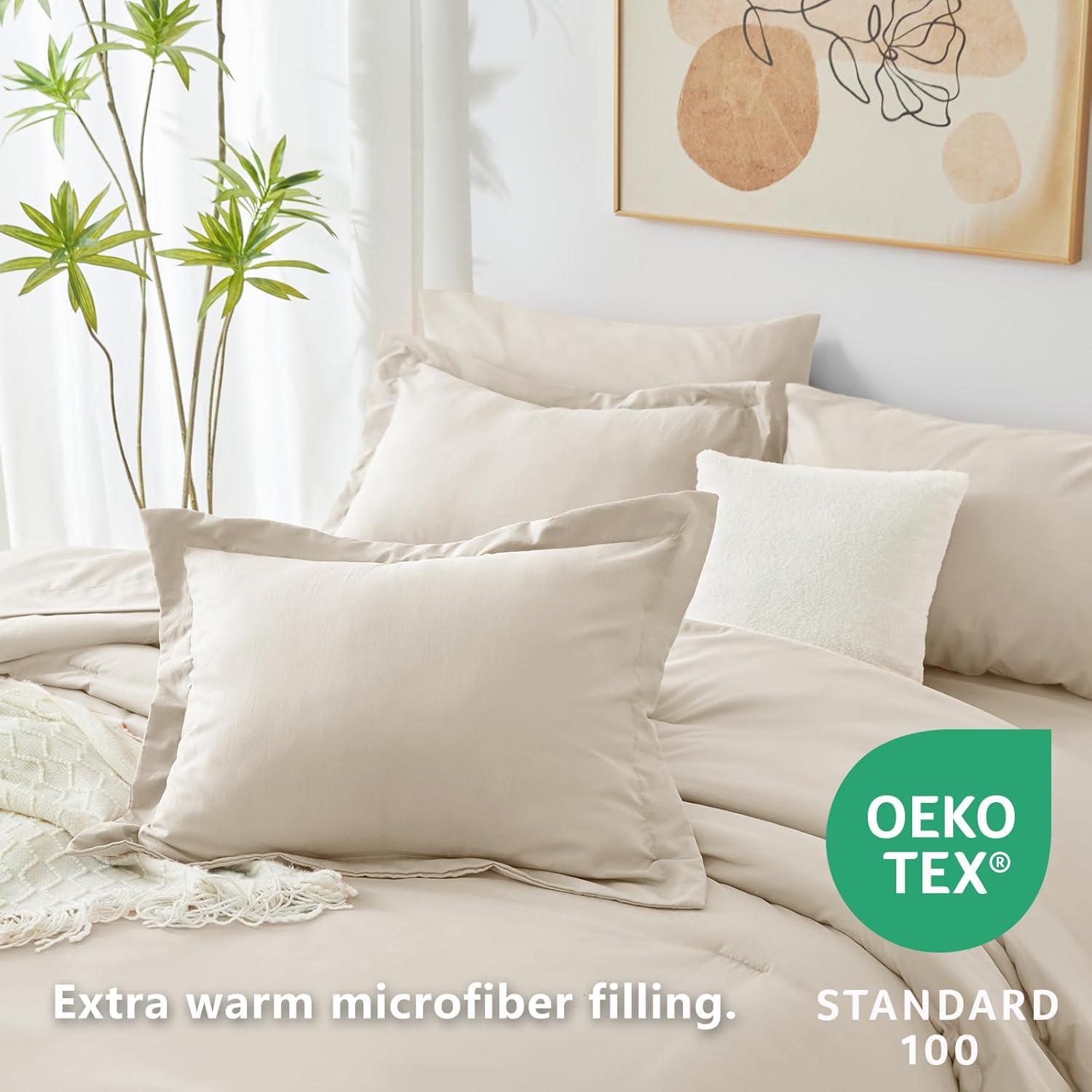 CozyLux Queen Comforter Set Beige, 7 Pieces Bed in a Bag Soft Bedding Comforter Set with Sheets, All Season Boho 7PC Bed Sets with Comforter, Fitted Sheets, Flat Sheets, Pillow Shams and Pillowcases