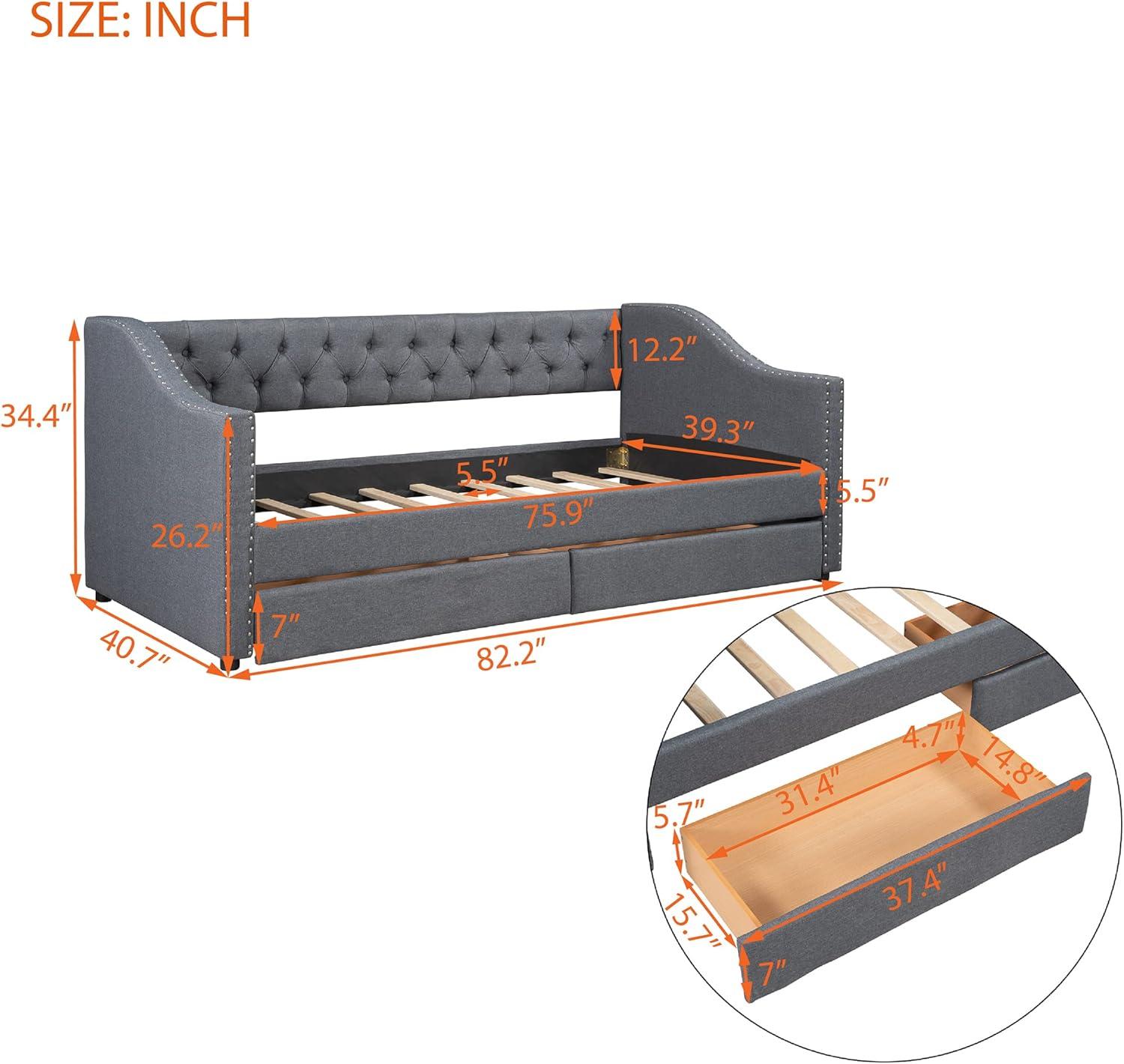 Streamdale Upholstered Twin Size daybed with Two Drawers, Wood Slat Support, Gray