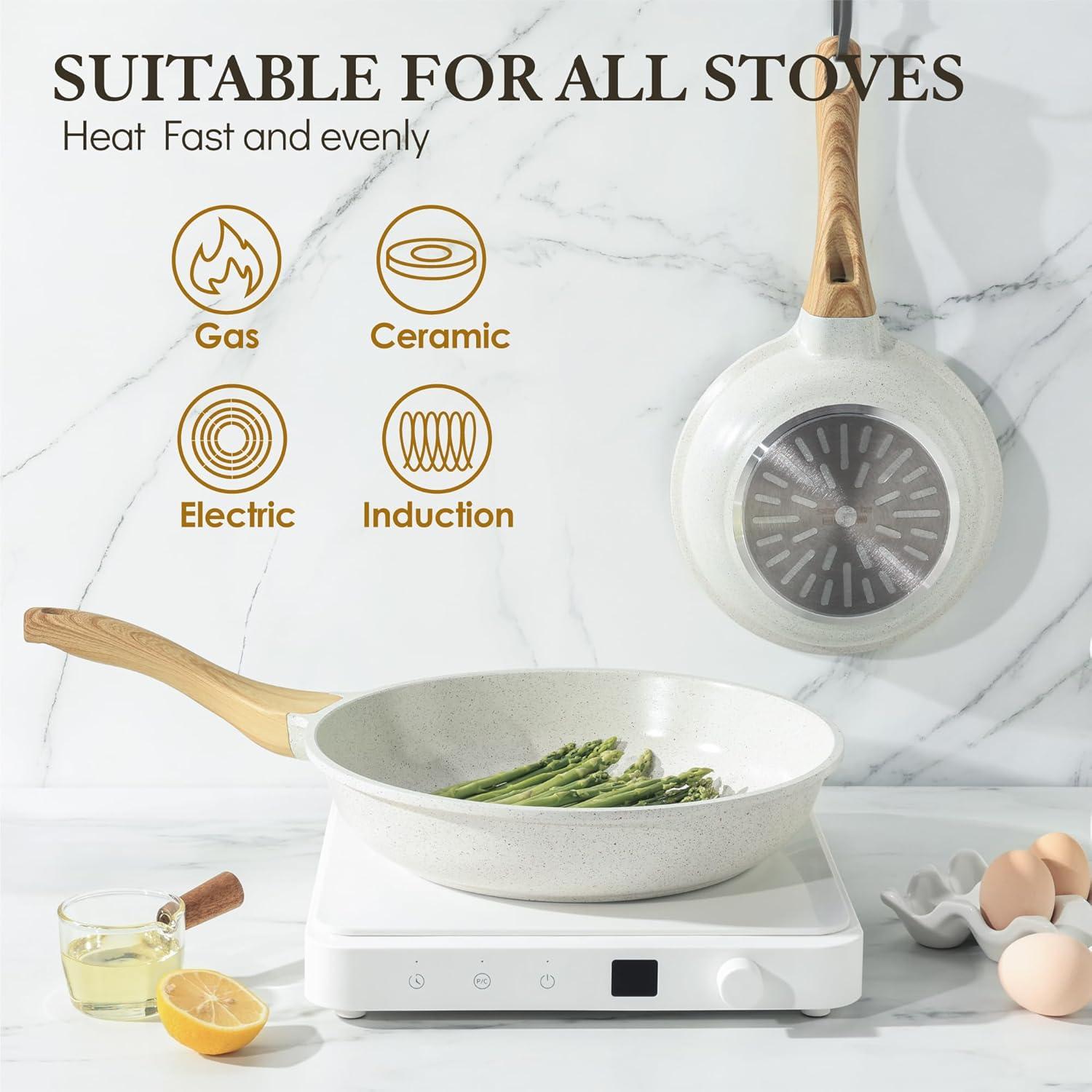 8-Inch White Ceramic Nonstick Aluminum Frying Pan with Woodgrain Handle