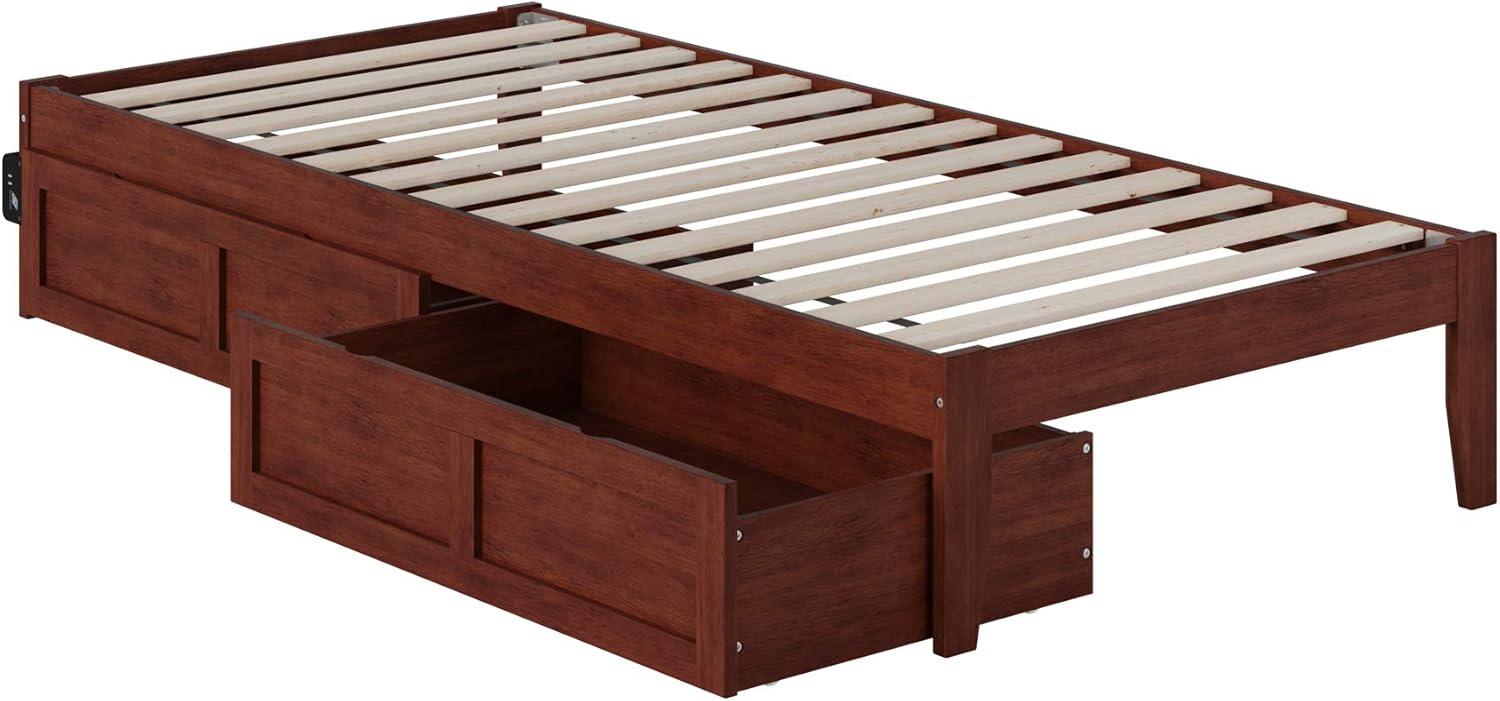 Symmetrical Twin XL Walnut Bed with USB Charger and Storage Drawers