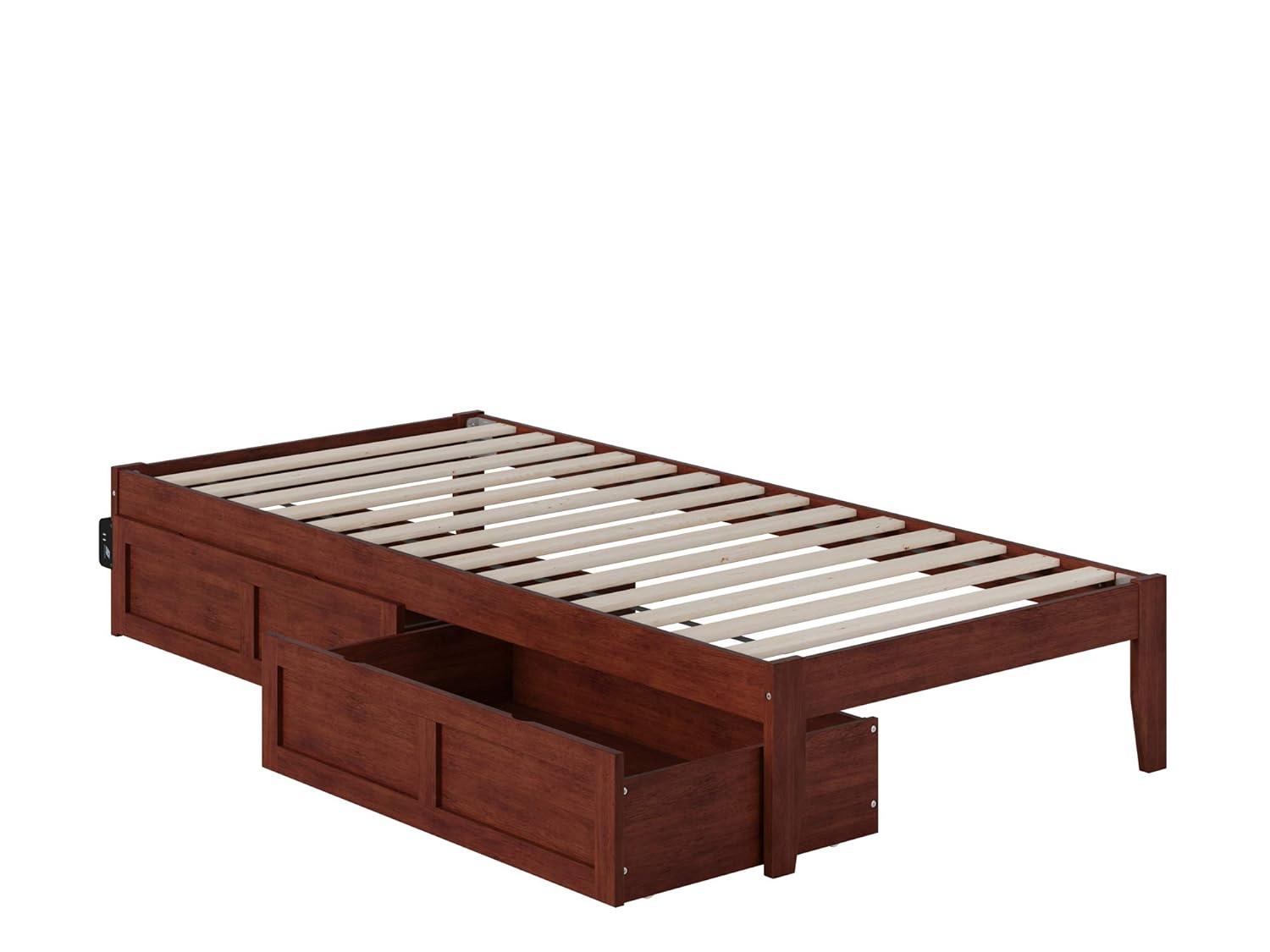 Symmetrical Twin XL Walnut Bed with USB Charger and Storage Drawers