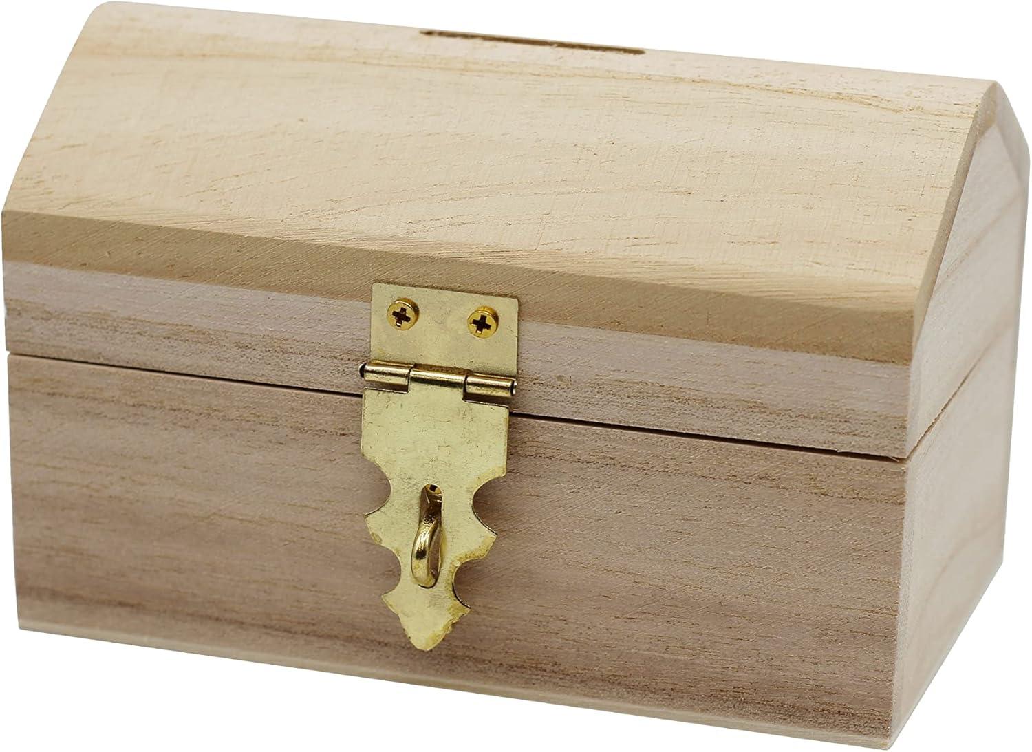 Pack of 6 Ready to Decorate Wood Treasure Chest Box Savings Bank with Coin Slot, Hinged Lid and Lockable Front Clasp, DIY Craft