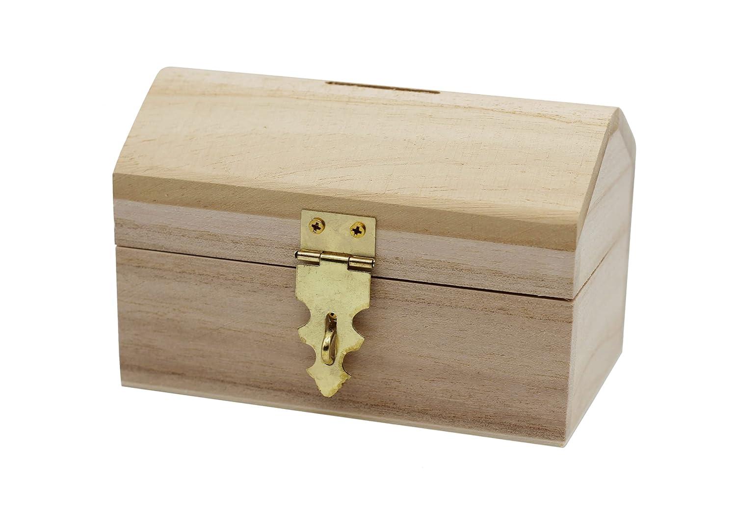 Pack of 6 Ready to Decorate Wood Treasure Chest Box Savings Bank with Coin Slot, Hinged Lid and Lockable Front Clasp, DIY Craft