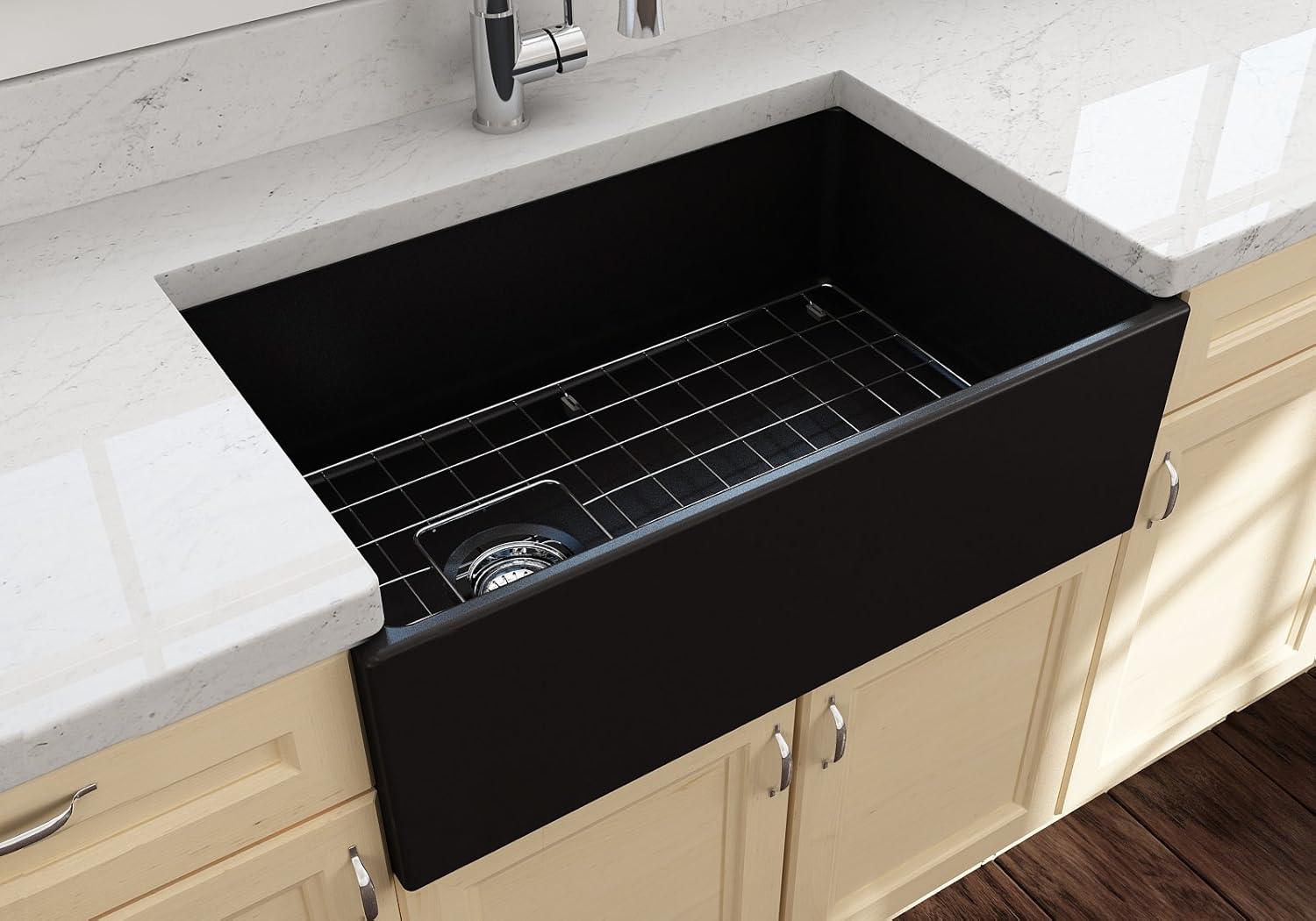 BOCCHI Contempo Farmhouse Apron Front Fireclay 33 in. Single Bowl Kitchen Sink with Protective Bottom Grid and Strainer in Matte Gray