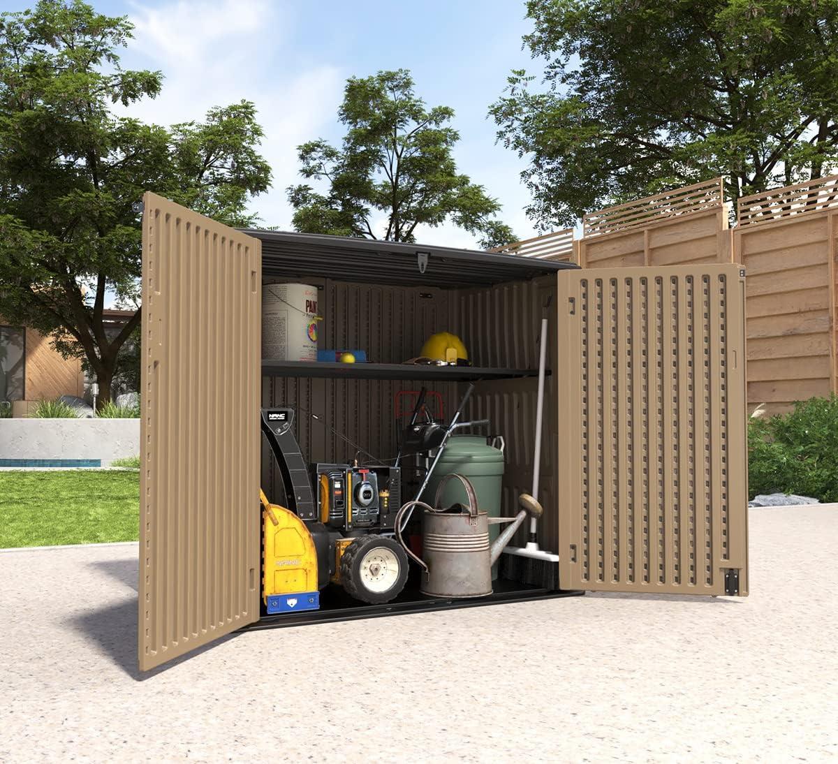 Large Brown Resin Outdoor Storage Shed with Shelving