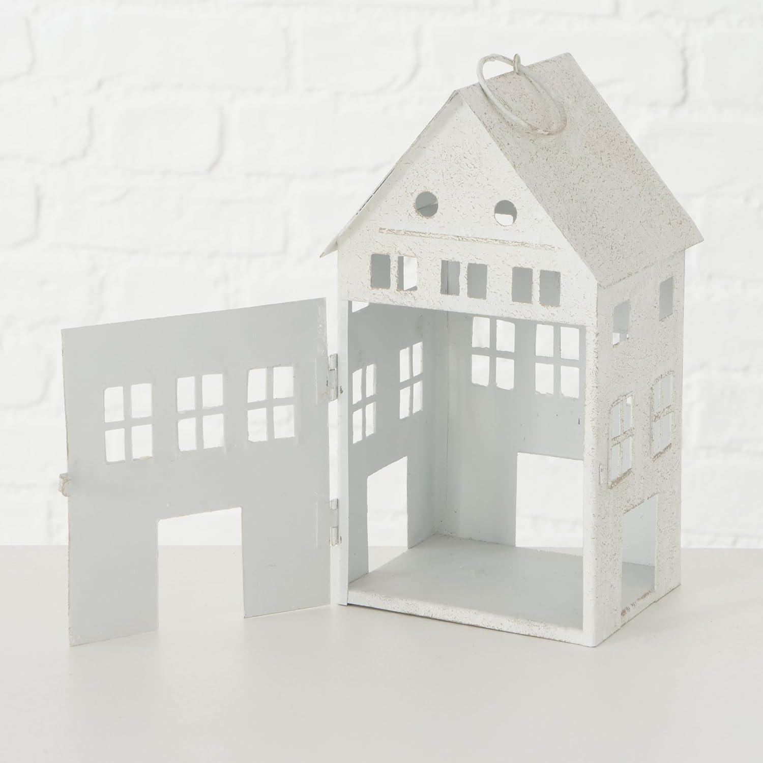 Americana Main Street Town House Candle Lanterns, Set of 3, Vintage Style, Weathered White and Rustic Gray, Metal, Hinged Doors, 14 1/2, 8 3/4 and 5 1/8 Inches Tall