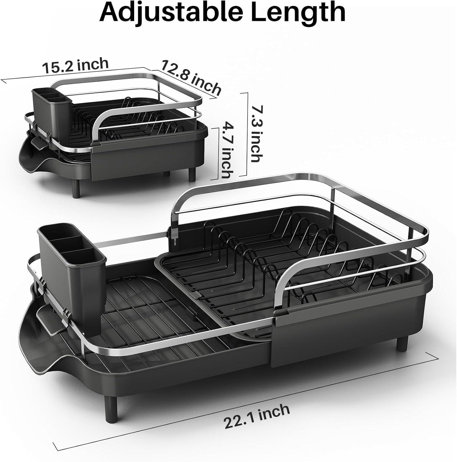 Fabhob Expandable Dish Rack for Kitchen Counter, Stainless Steel Dish Drainer with Drainboard Set and Utensil Holder