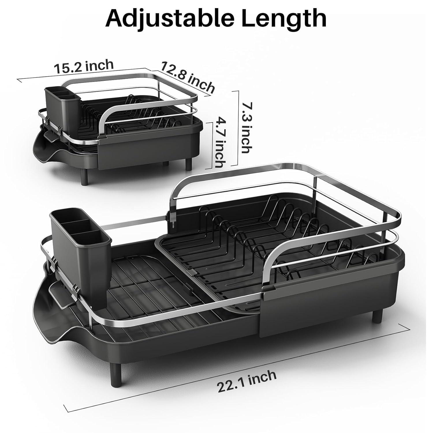Fabhob Expandable Dish Rack for Kitchen Counter, Stainless Steel Dish Drainer with Drainboard Set and Utensil Holder
