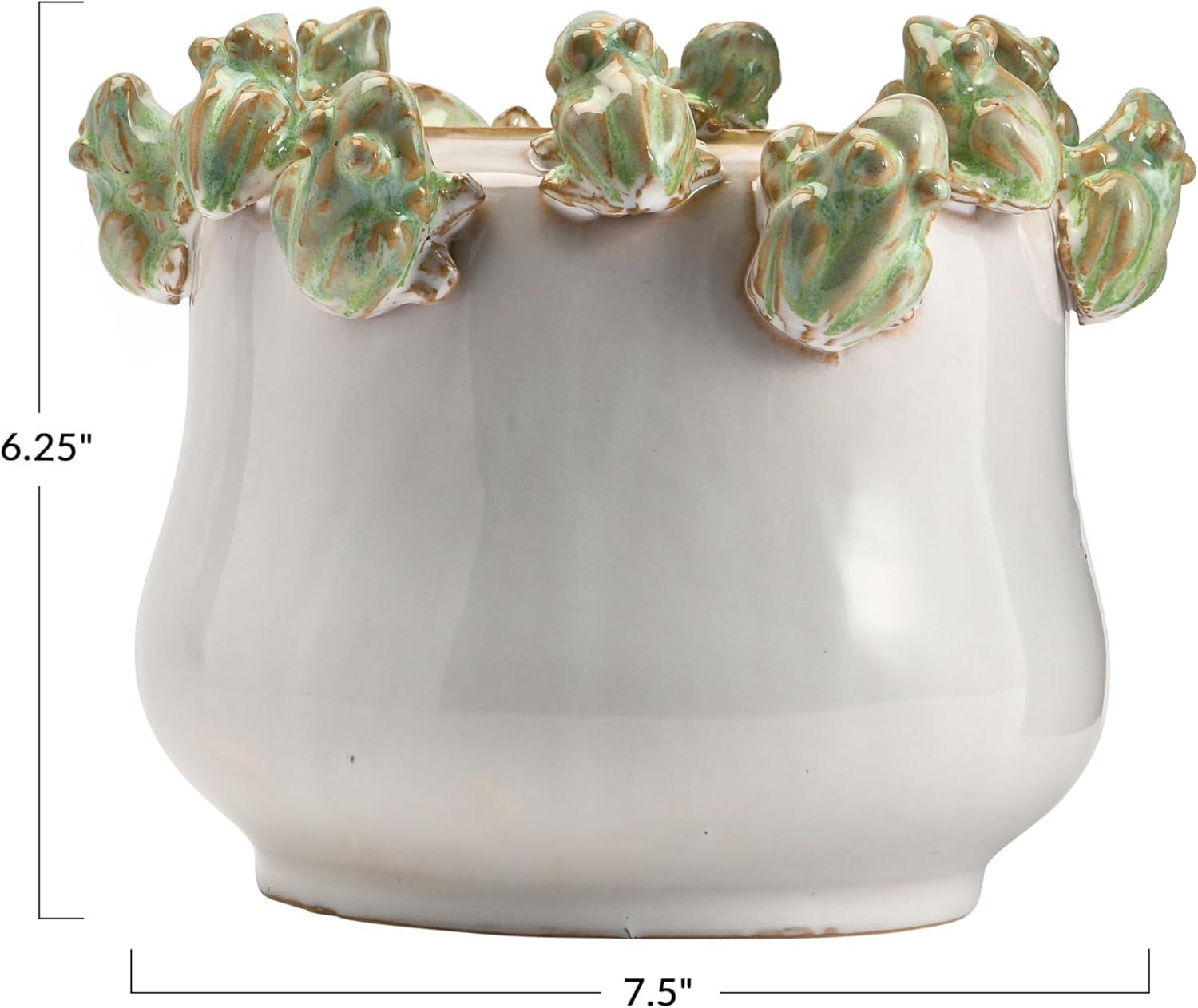 Creative Co-Op Decorative Stoneware Planter with Frog Figurine Rim, White and Green