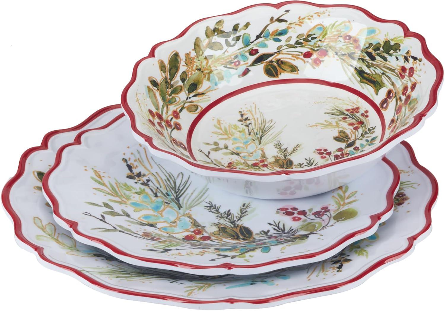 Christmas Gatherings 12pc Melamine Dware Set 4-Dinner Plate 11" 4-Salad Plate 9" 4-Bowl 8.5" x 2"