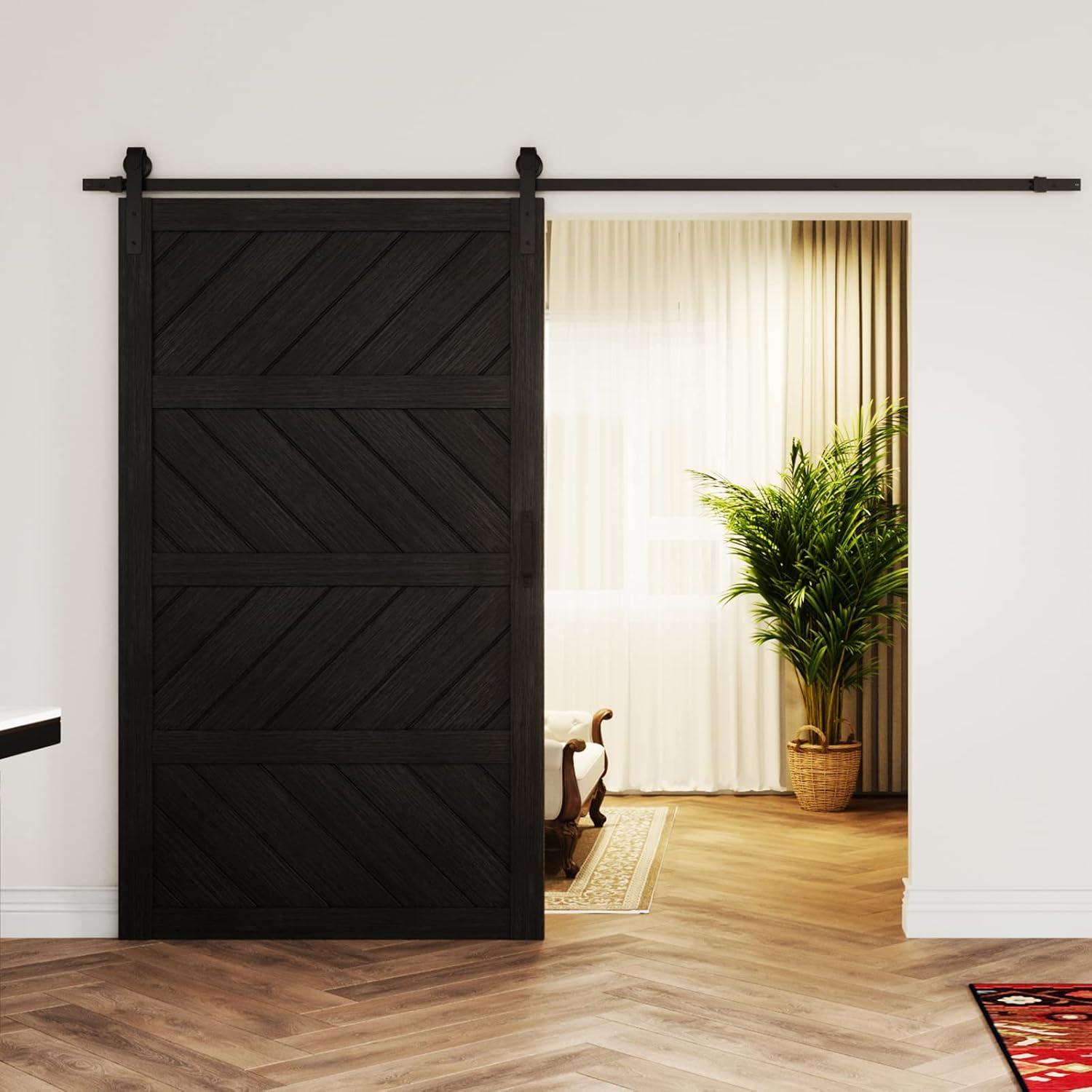 Sliding Barn Door 48”x84”, Black Barn Door with Modern Paneled Wave Design, Complete Barn Door Set, Waterproof PVC Surface, Assembly Required for Bedroom, Living Room, Closet, or Bathroom