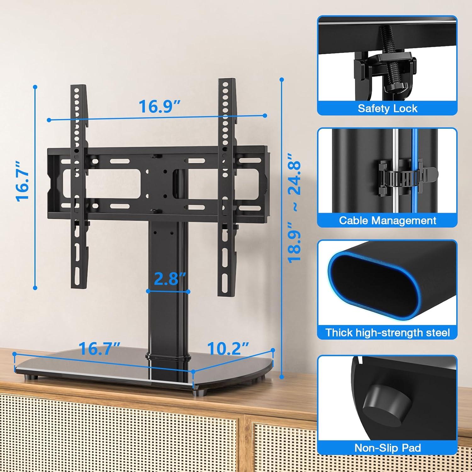 Rfiver Universal Swivel TV Stand for 27-50 55 60 Inch TVs, Height Adjustable Table Top TV Stand Mount Hold up to 88 lbs, Pedestal TV Stands with Tempered Glass Base, Replacement TV Mount Stand