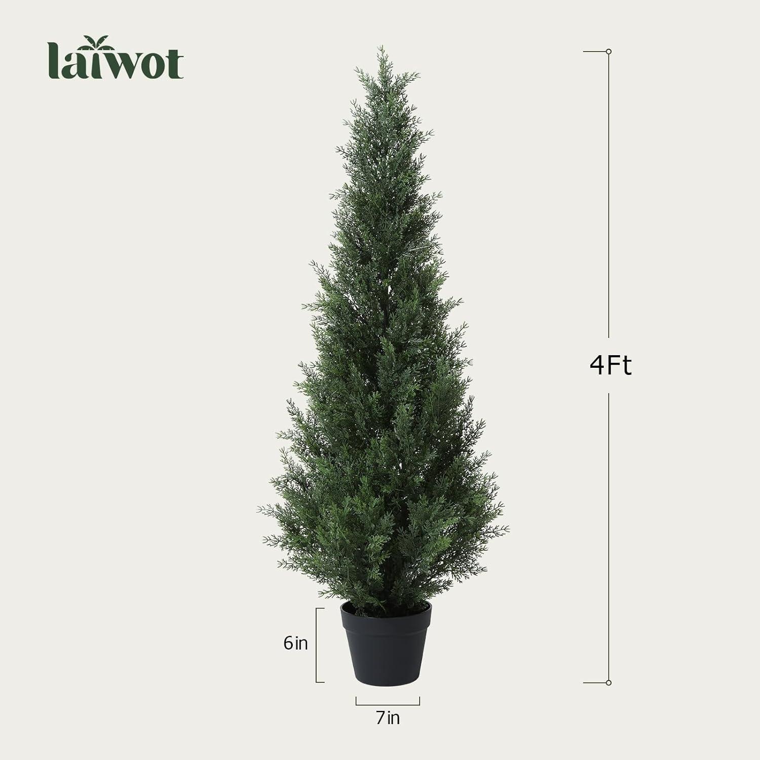 Artificial Cedar Tree 2 Pack 4 ft Outdoor Artificial Topiary Cedar Plants Fake Tree UV Rated Potted Tree for Perfect Housewarming Gift, Set of 2