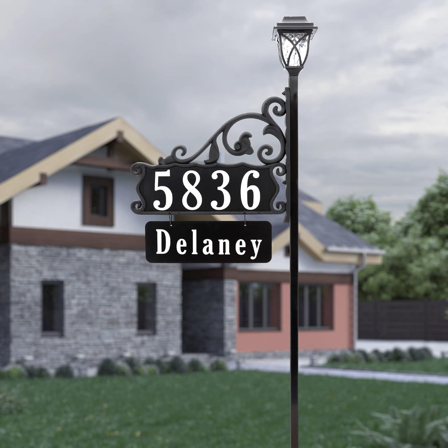 Address America Double-Sided Reflective Boardwalk Lawn Address Sign With Name Rider And LED Solar Light on 58" Pole