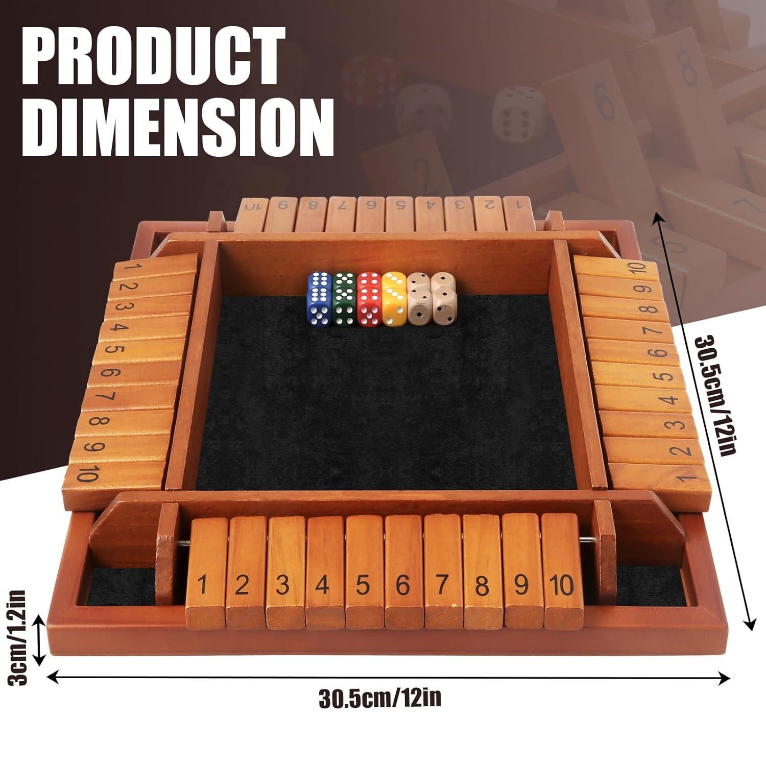 4 Players Shut The Box Dice Games, Wooden Board Table Math Game with 12 Dice and Instructions, Classics Close The Box Board Game for Adults Kids, Family Classroom Home or Bar