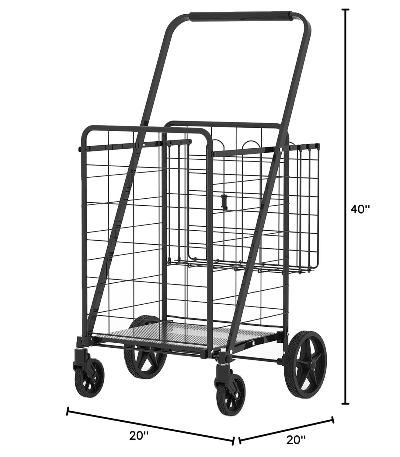 Exlonjet Folding Shopping Grocery Cart Metal Rolling Cart with Double Basket Non-Slip Handle and Swivel Wheels, Light Weight Utility Cart for Laundry Book Luggage Travel
