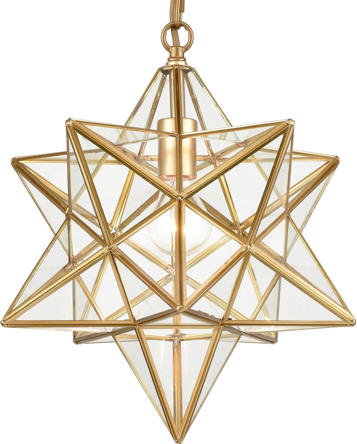 Moravian Star Light Modern Brass Pendant Light 15 Inches with Clear Glass Shade