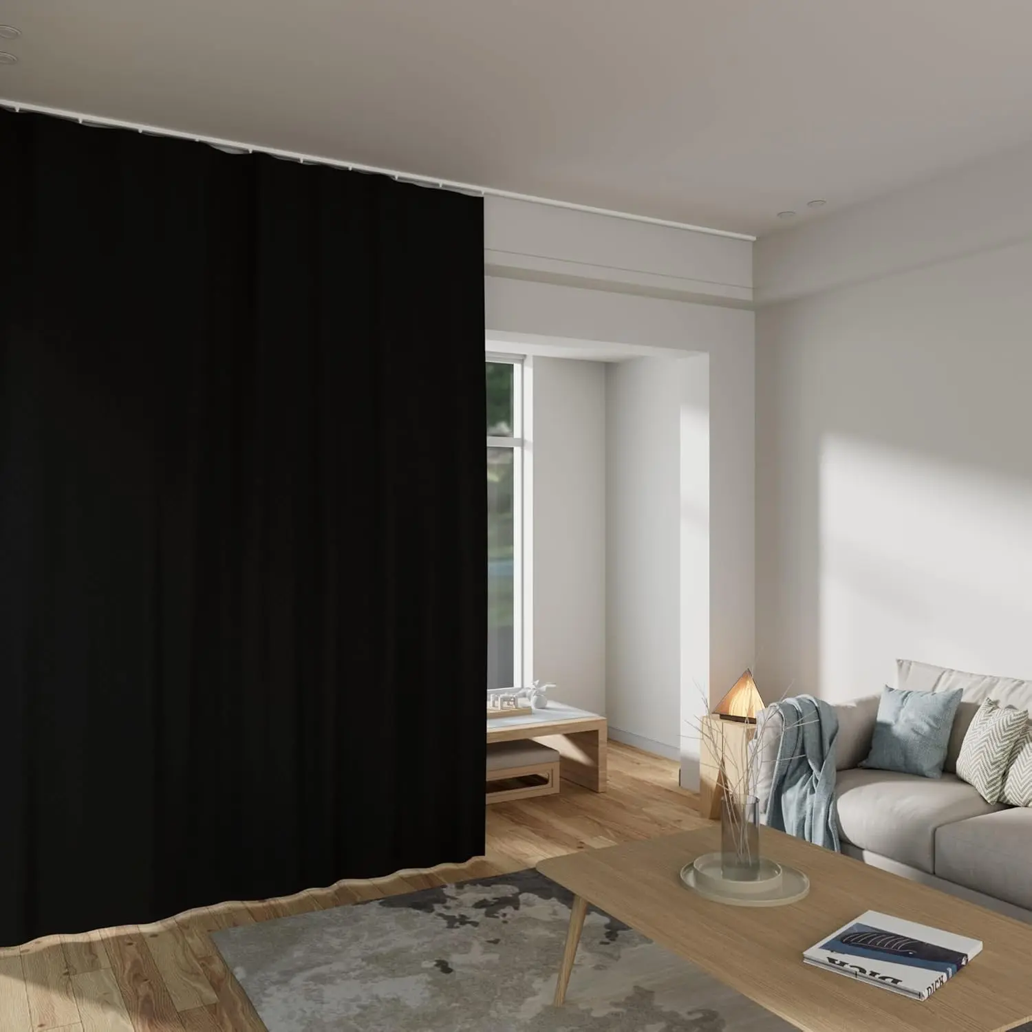 Hokku Designs Room Divider Curtains Total Blackout Privacy Curtain Panel Room Thermal Insulated Noise Reduction Curtain For Bedroom Window Living Room Ceiling Track Curtain W 10 Ft × H 8Ft Black.