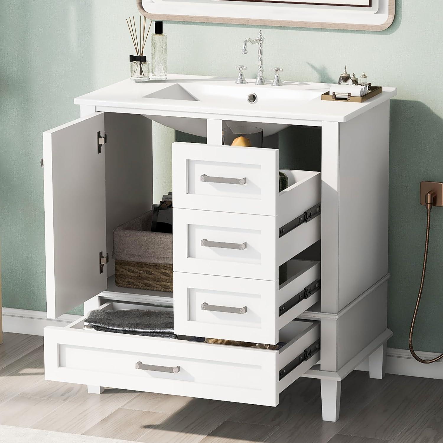 30" Modern Bathroom Vanity with Single Sink Combo Set, Solid Wood Frame Bathroom Storage Cabinet with Soft Closing Door and 3 Drawers, White