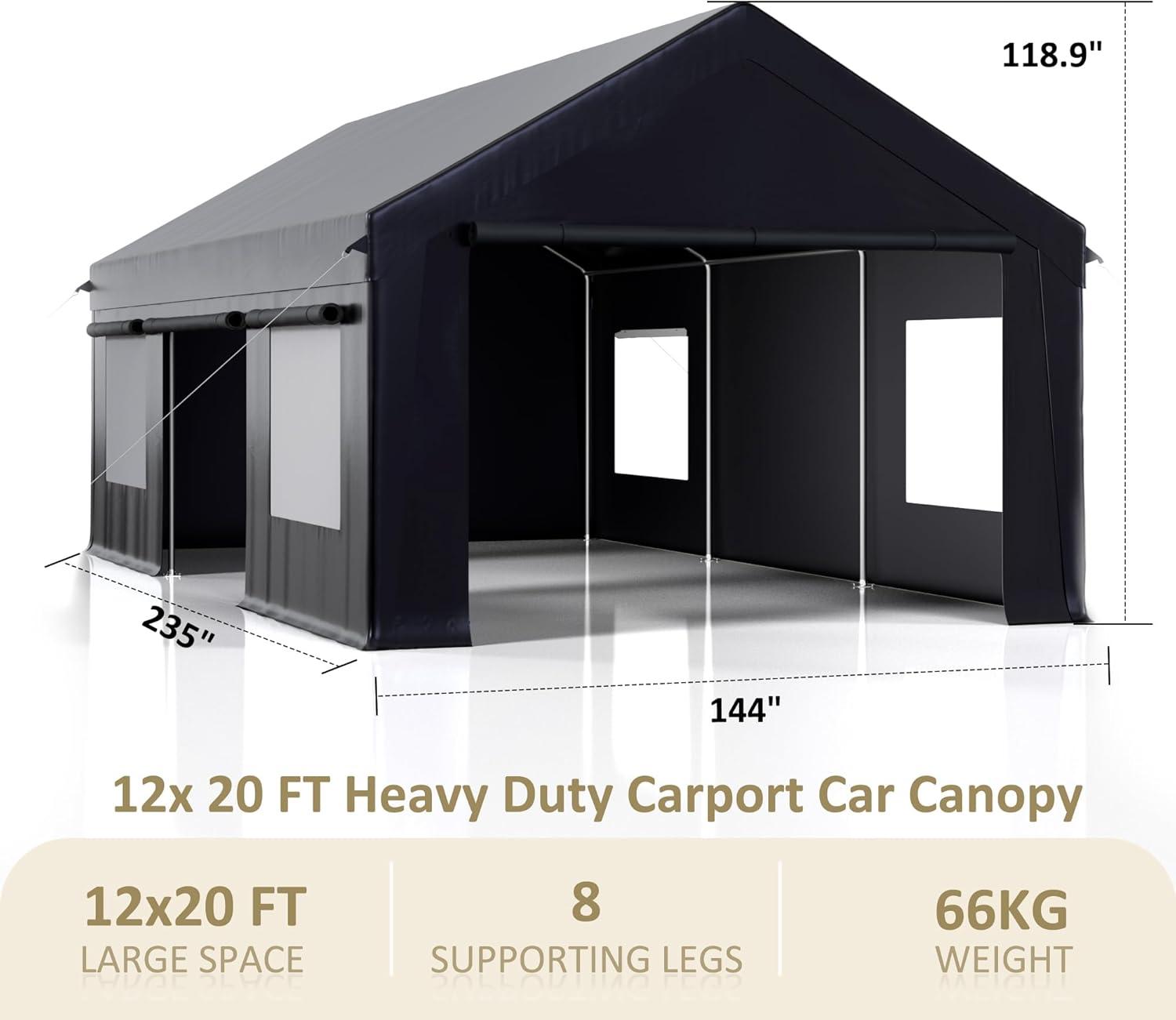 12' x 20' Black Metal Portable Carport with Windows