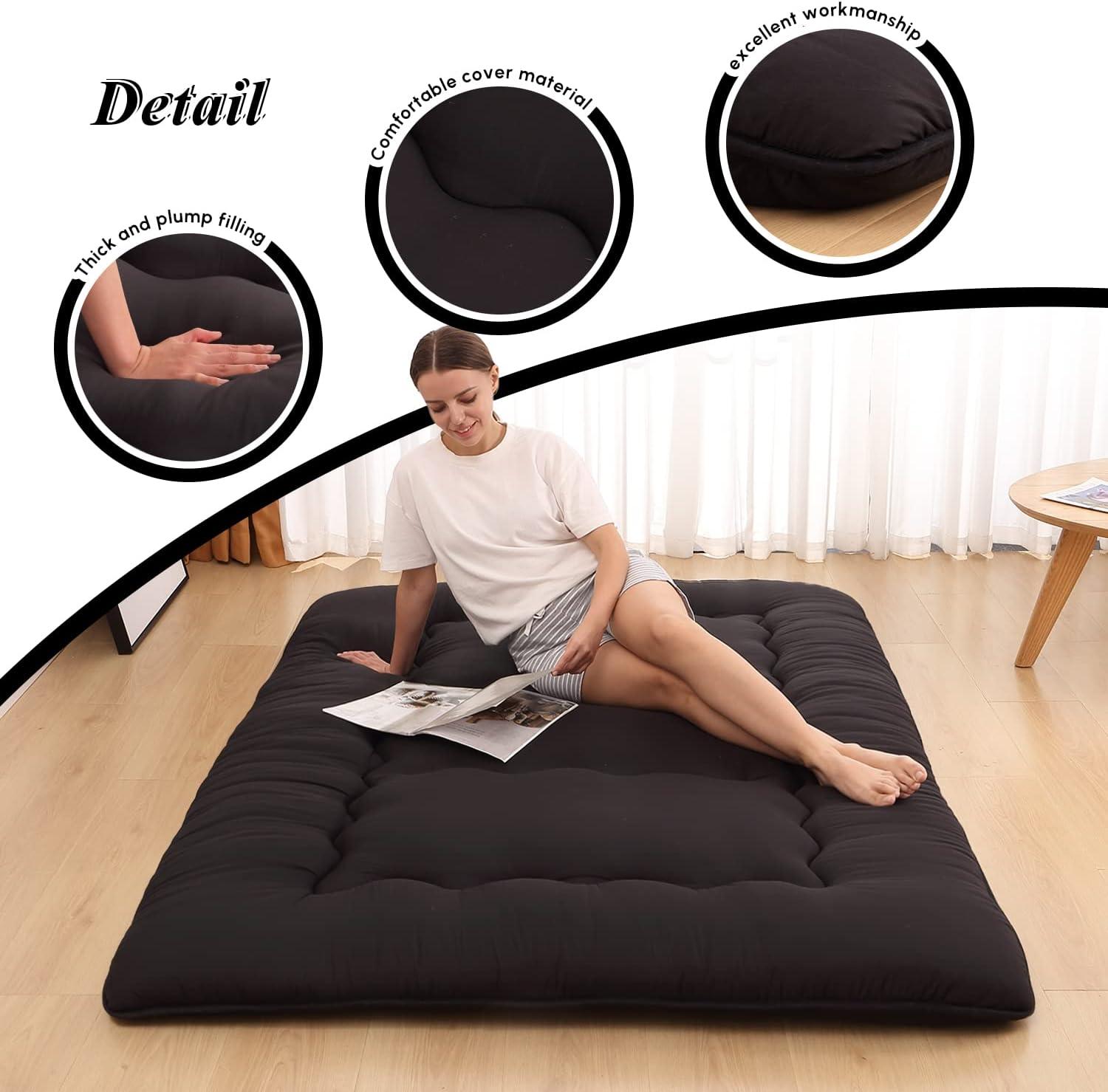 Japanese Floor Mattress, Japanese Futon Mattress Tatami Mat with Washable Cover, Easy to Store and Portable for Camping,(Black, Full)