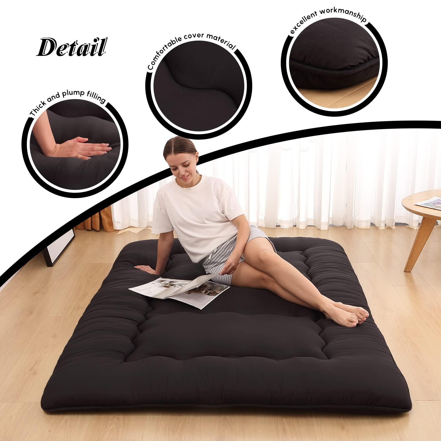Japanese Floor Mattress, Japanese Futon Mattress Tatami Mat with Washable Cover, Easy to Store and Portable for Camping,(Black, Full)