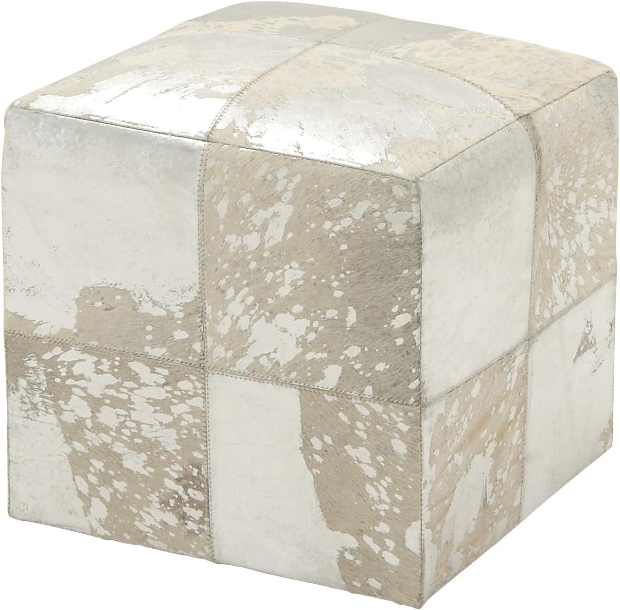 DecMode 16" x 17" White Leather Handmade Stool with Silver Foil Paint, 1-Piece