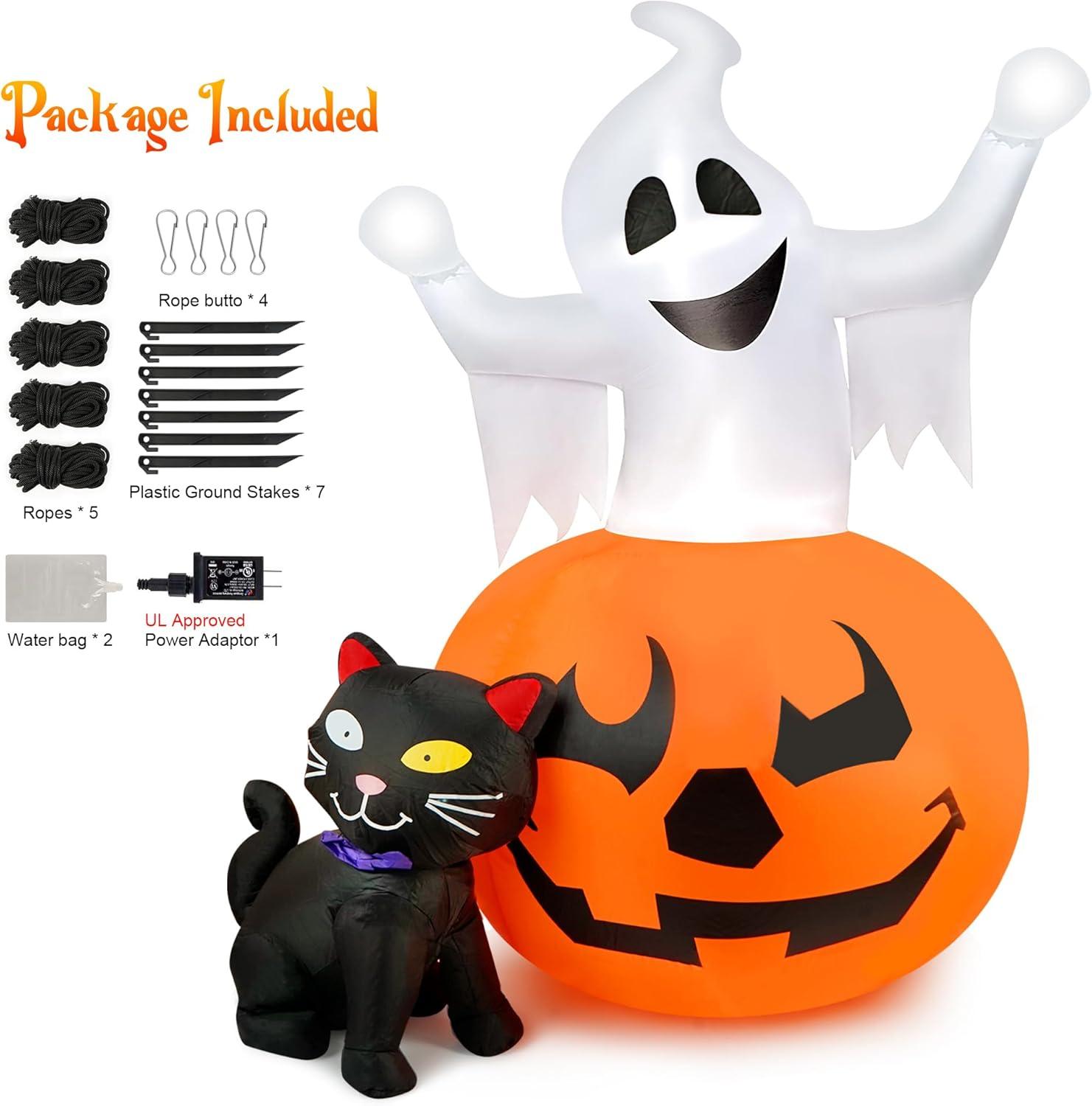 5 FT Halloween Inflatable Spooky Pumpkin with Ghost and Black Cat