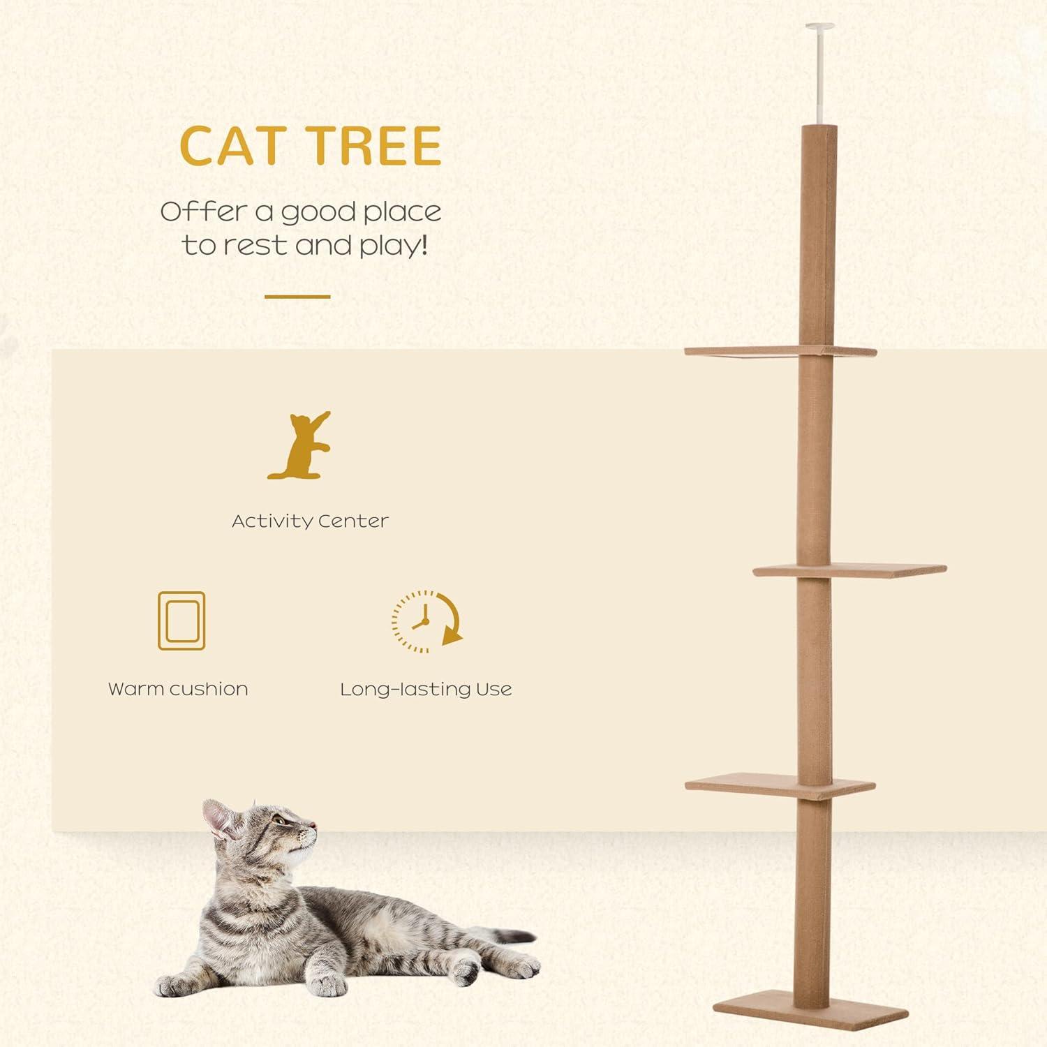 PawHut Floor-to-Ceiling Cat Tree Cat Climbing Tower with Sisal-Covered Scratching Posts Natural Cat Tree Activity Center for Kittens Cat Tower Furniture, Brown