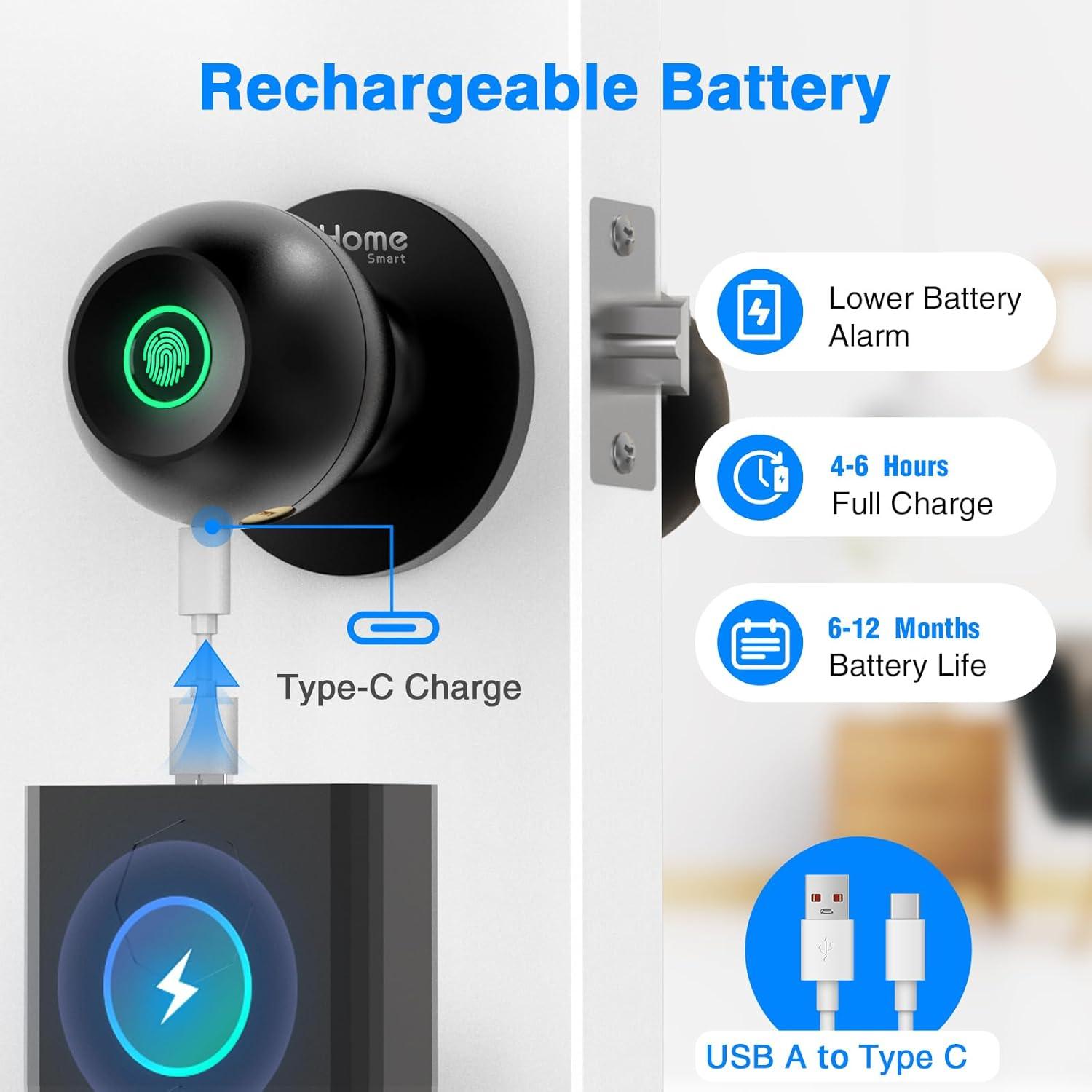 Ghome Fingerprint Smart Door Knob Lock App Control Biometric with Type-C Charge