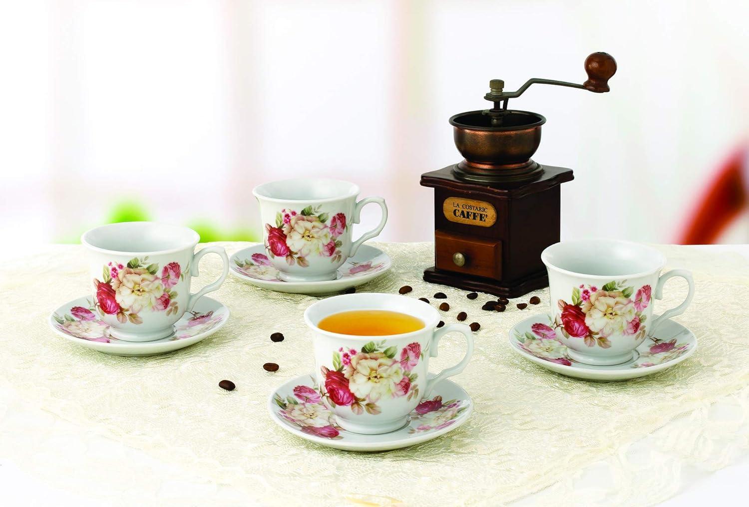 Floral Ceramic Teacup and Saucer Set with Stand, 8-Piece