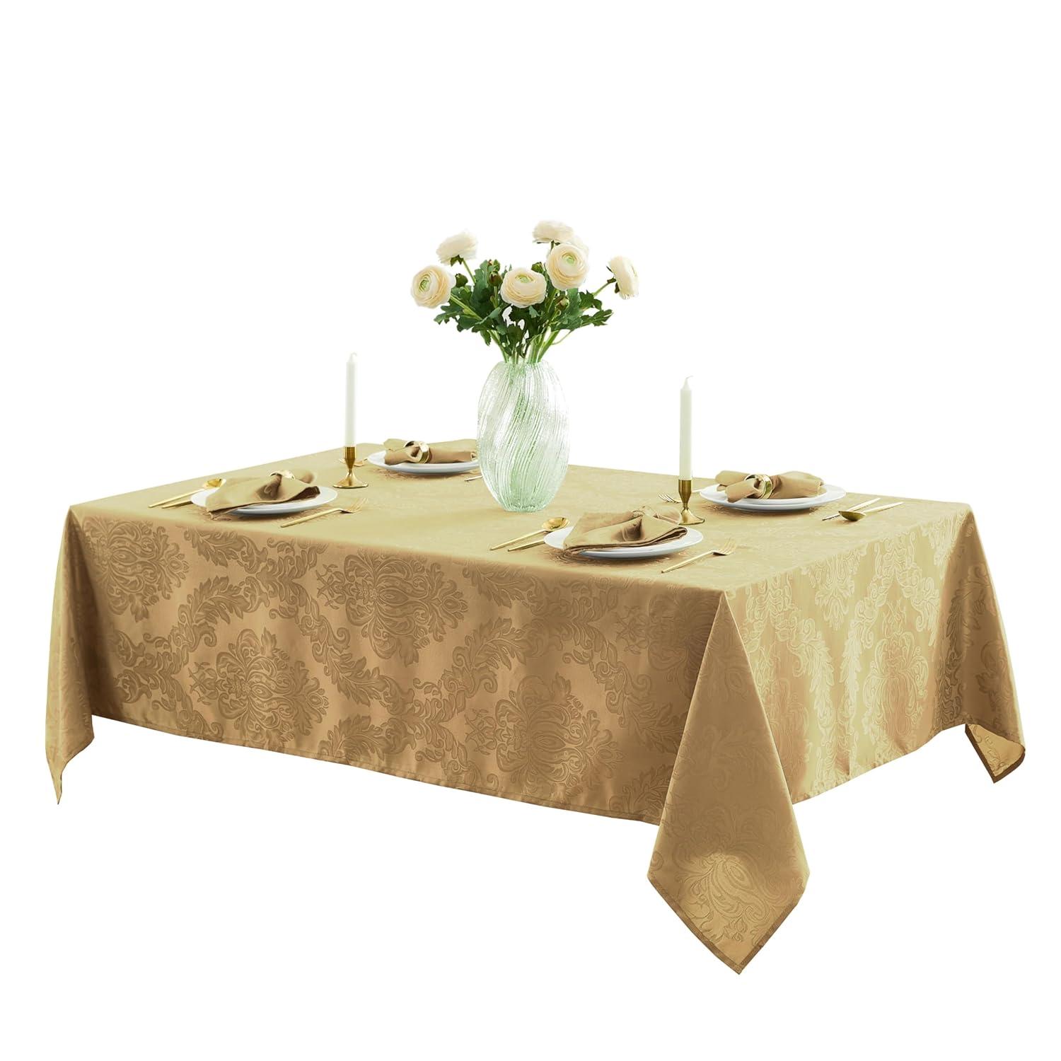 Barcelona Jacquard Damask Stain Resistant Tablecloth - 60" x 144" Rectangle - Gold - Elrene Home Fashions