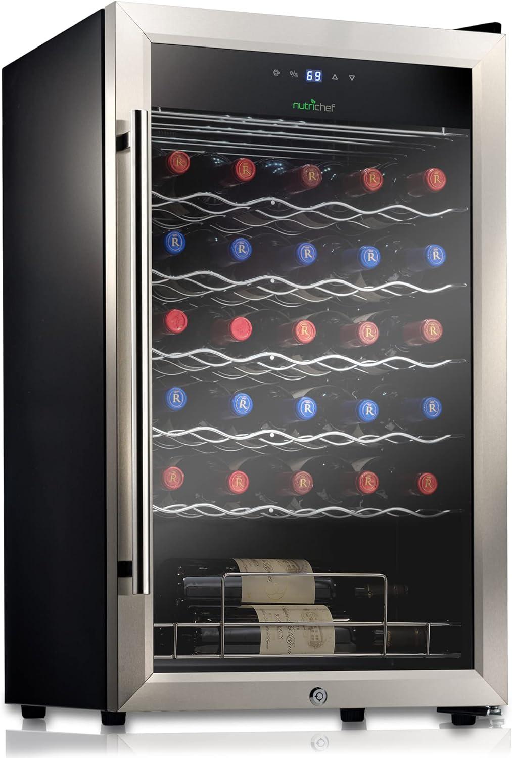 NutriChef 34 Bottle Stainless Steel Freestanding Wine Cooler