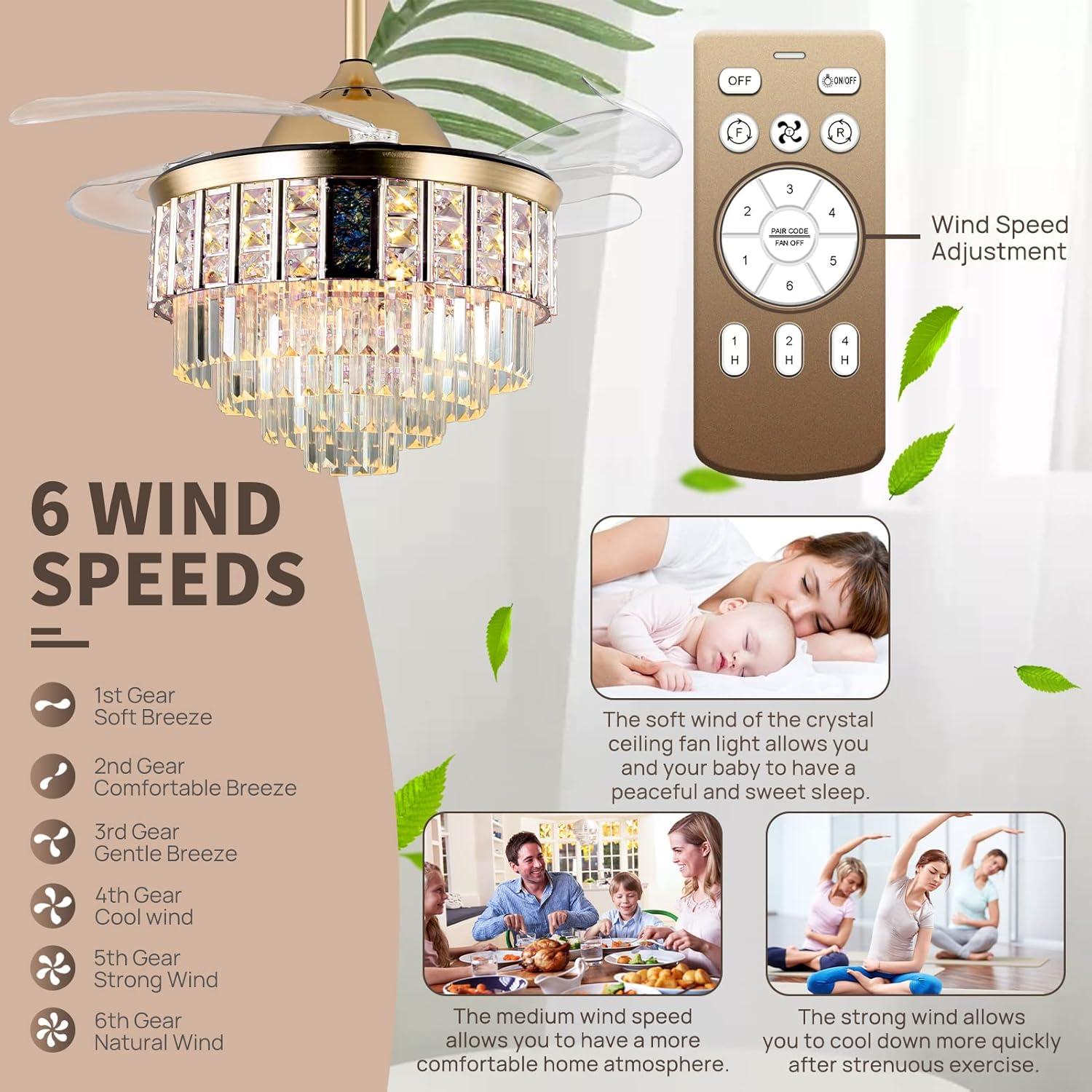 42 in. Integrated LED Indoor Gold Luxury Automatic Retractable Crystal Ceiling Fan with Remote