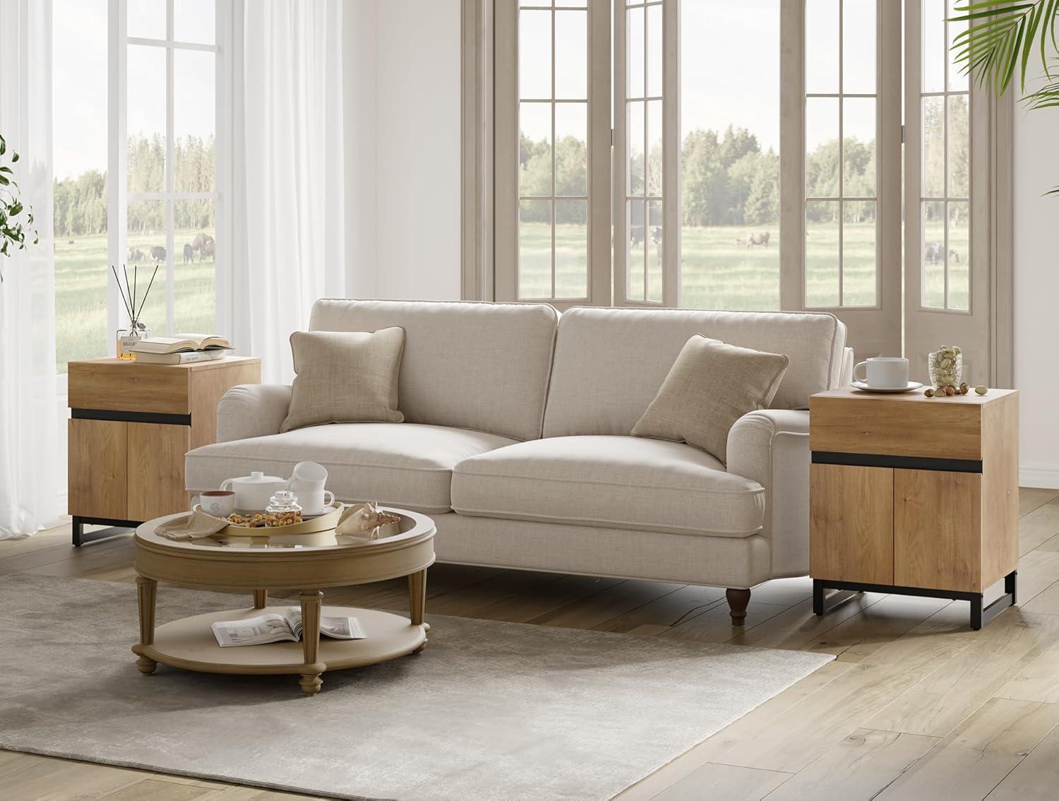 Oak and Black Wood End Table Set with Storage