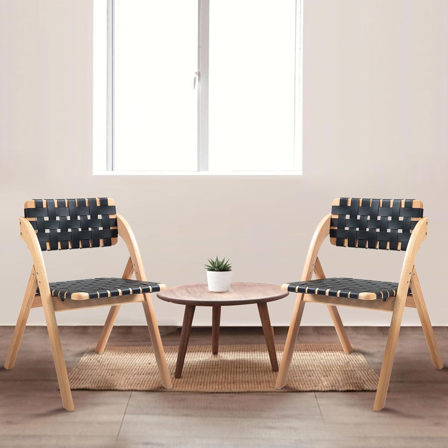 Folding Chairs Set of 2, Wooden Foldable Dining Chairs, Stackable Folding Extra Chair with Breathable Leather-Woven Design for Indoor & Outdoor, Brown