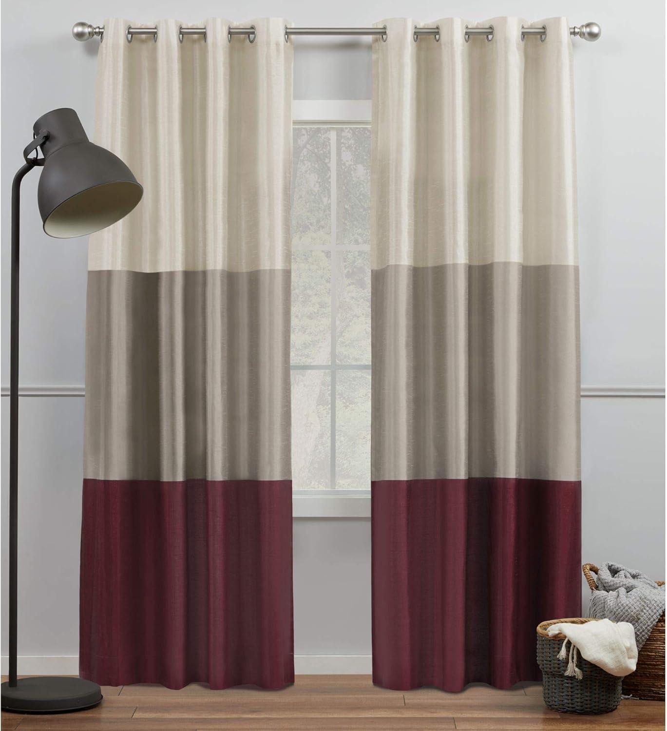 Set of 2 96"x54" Chateau Striped Faux Silk Grommet Top Curtain Panel Burgundy/Taupe - Exclusive Home: Modern Window Drapes