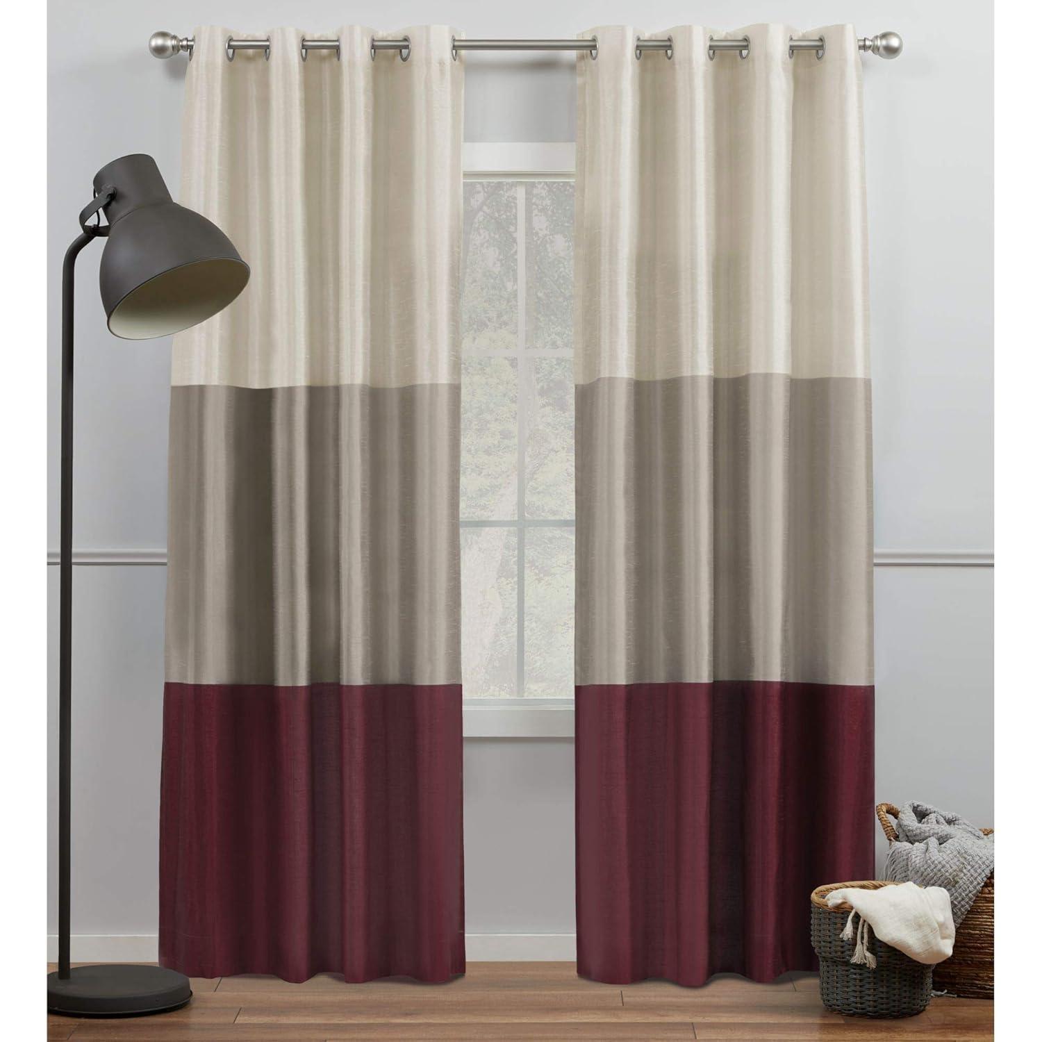 Set of 2 96"x54" Chateau Striped Faux Silk Grommet Top Curtain Panel Burgundy/Taupe - Exclusive Home: Modern Window Drapes